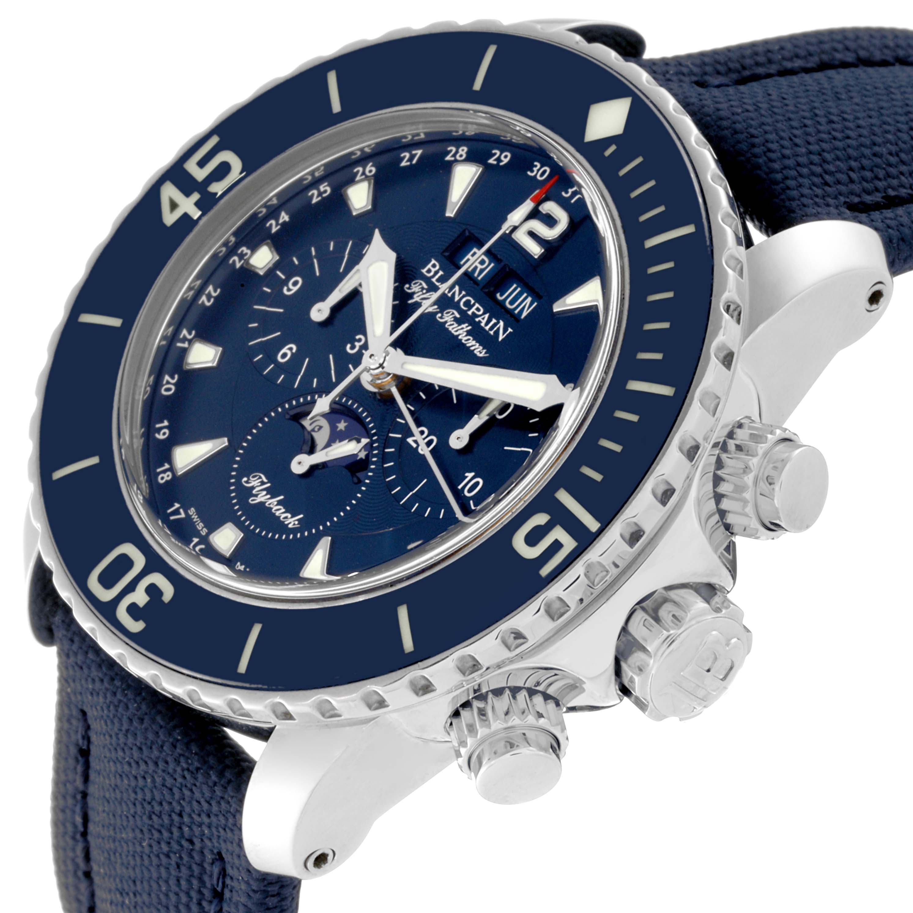 This image shows a Blancpain Fifty Fathoms 5066F-1140-52A Men's Stainless Steel Blue Dial 5066F-1140-52A Men's Stainless Steel Blue Dial watch at a slight angle, highlighting its face, bezel, pushers, and part of the strap.