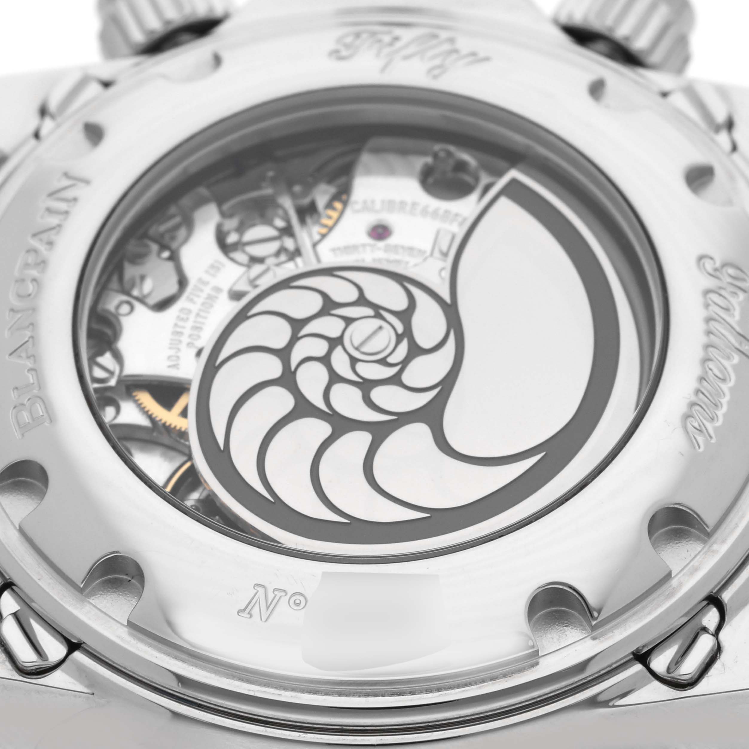 The image shows the case back of the Blancpain Fifty Fathoms 5066F-1140-52A Men's Stainless Steel Blue Dial 5066F-1140-52A Men's Stainless Steel Blue Dial watch, featuring an exhibition window with visible movement components.