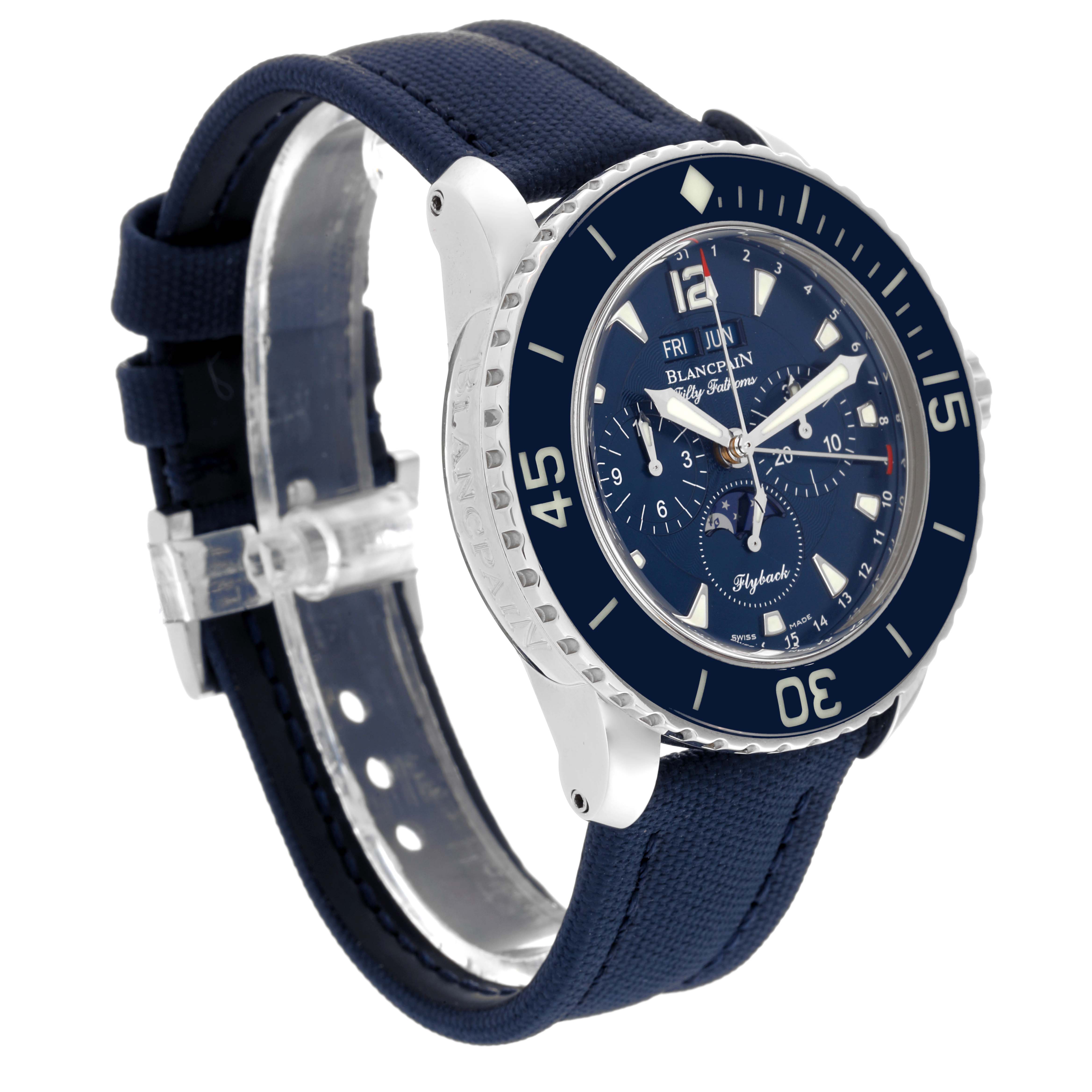 The image shows a Blancpain Fifty Fathoms 5066F-1140-52A Men's Stainless Steel Blue Dial 5066F-1140-52A Men's Stainless Steel Blue Dial watch from a three-quarter angle, displaying the face, bezel, and strap.