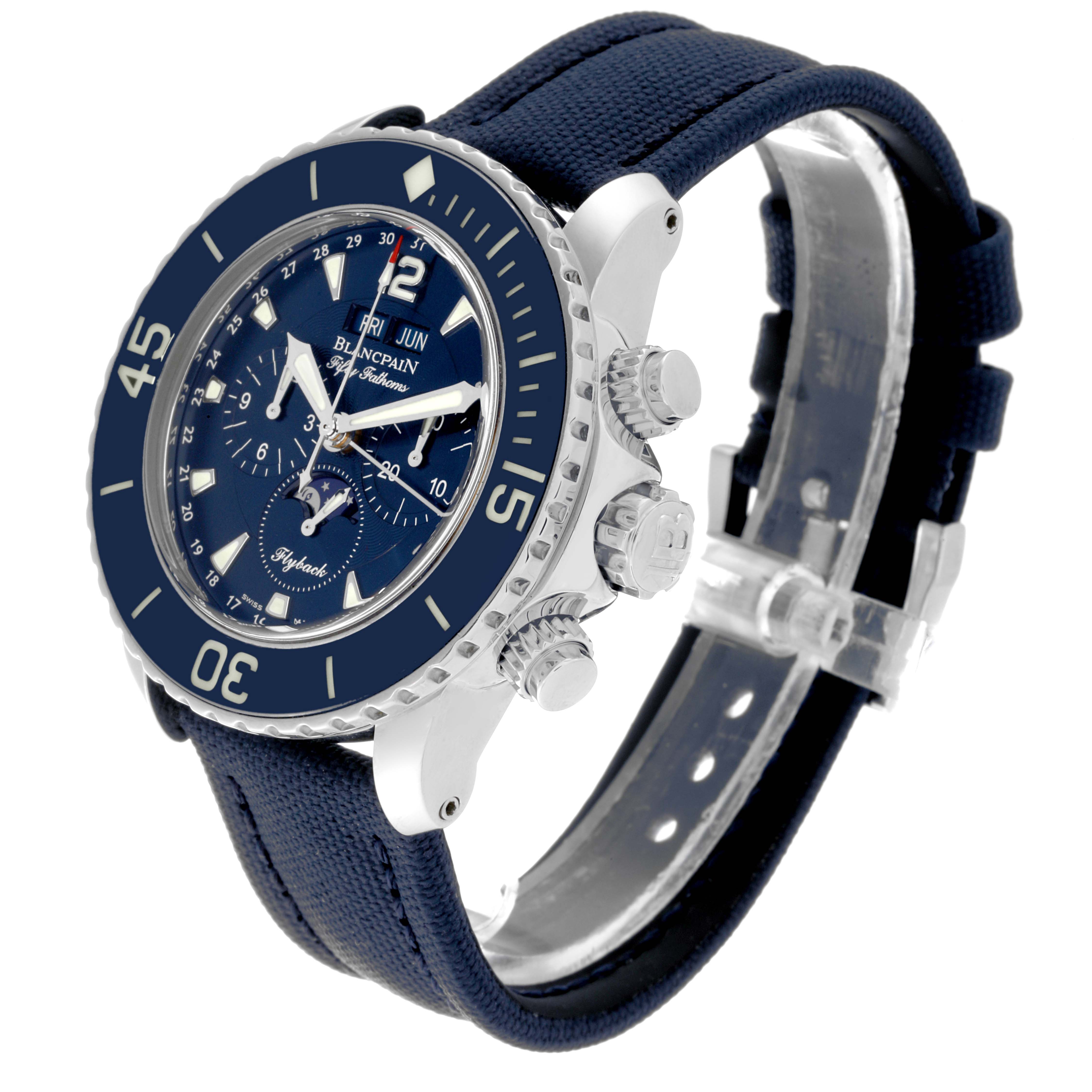 The image shows a side angle of the Blancpain Fifty Fathoms 5066F-1140-52A Men's Stainless Steel Blue Dial 5066F-1140-52A Men's Stainless Steel Blue Dial watch highlighting its face, bezel, case, and strap.