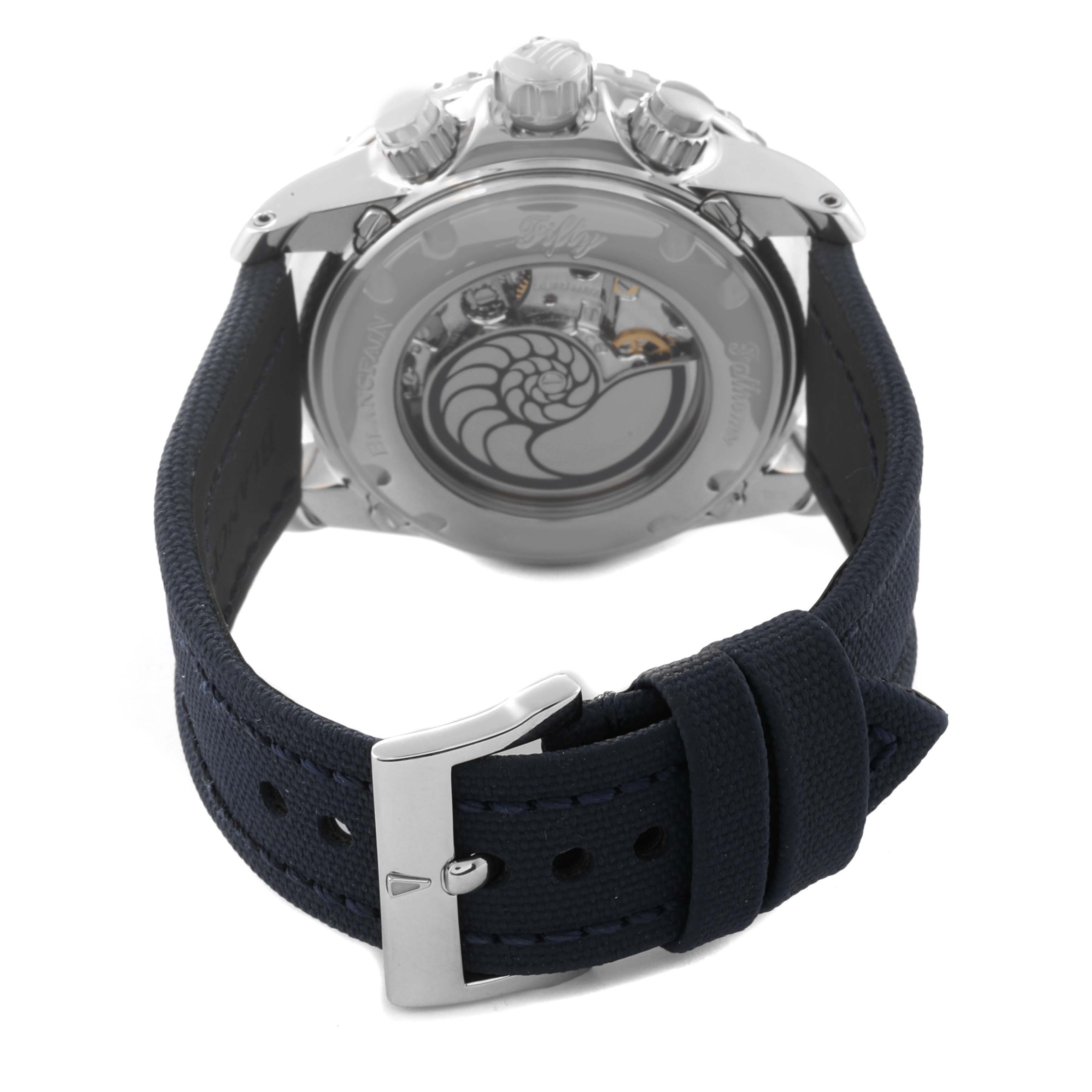 The image shows the back and clasp of a Blancpain Fifty Fathoms 5066F-1140-52A Men's Stainless Steel Blue Dial 5066F-1140-52A Men's Stainless Steel Blue Dial watch with a visible movement and nautilus design.