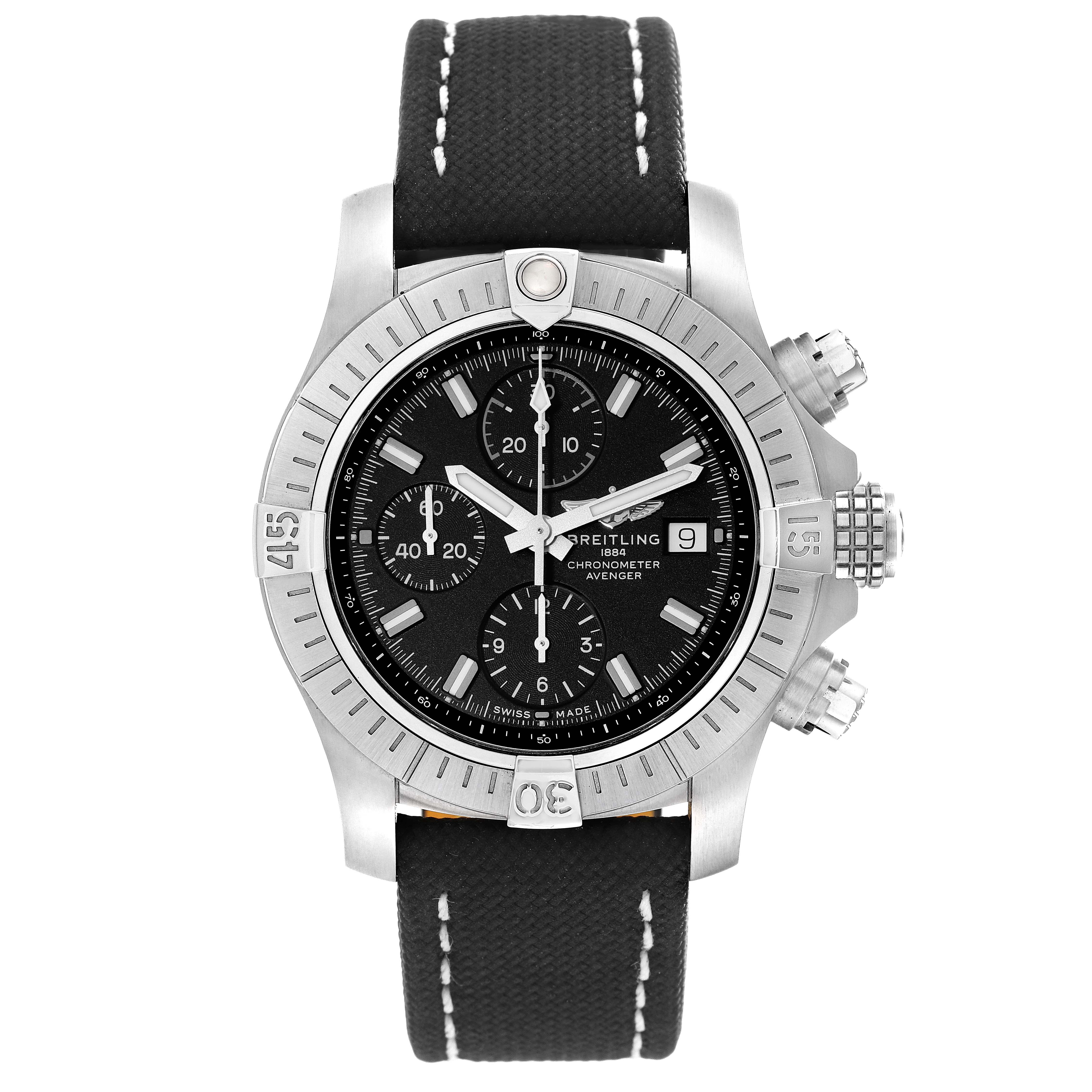 The image shows a front view of the Breitling Avenger A13385 Men's Stainless Steel Black Dial A13385 Men's Stainless Steel Black Dial watch, highlighting the face, crown, bezel, and strap.