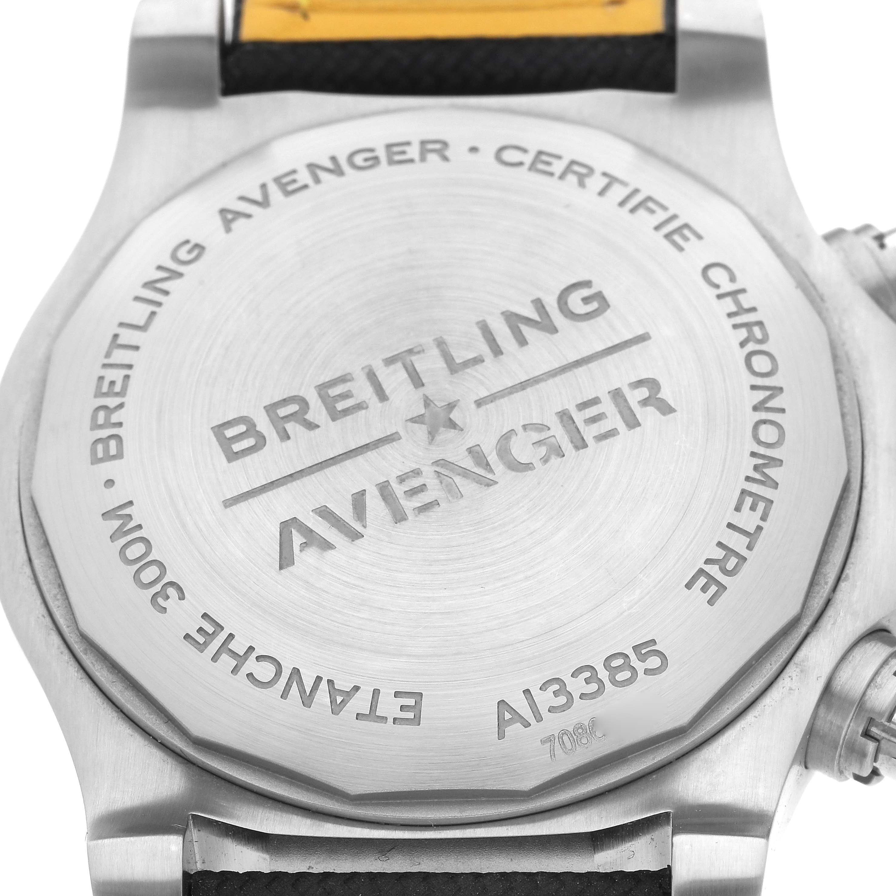 The image shows the back casing and serial number of a Breitling Avenger A13385 Men's Stainless Steel Black Dial A13385 Men's Stainless Steel Black Dial watch.