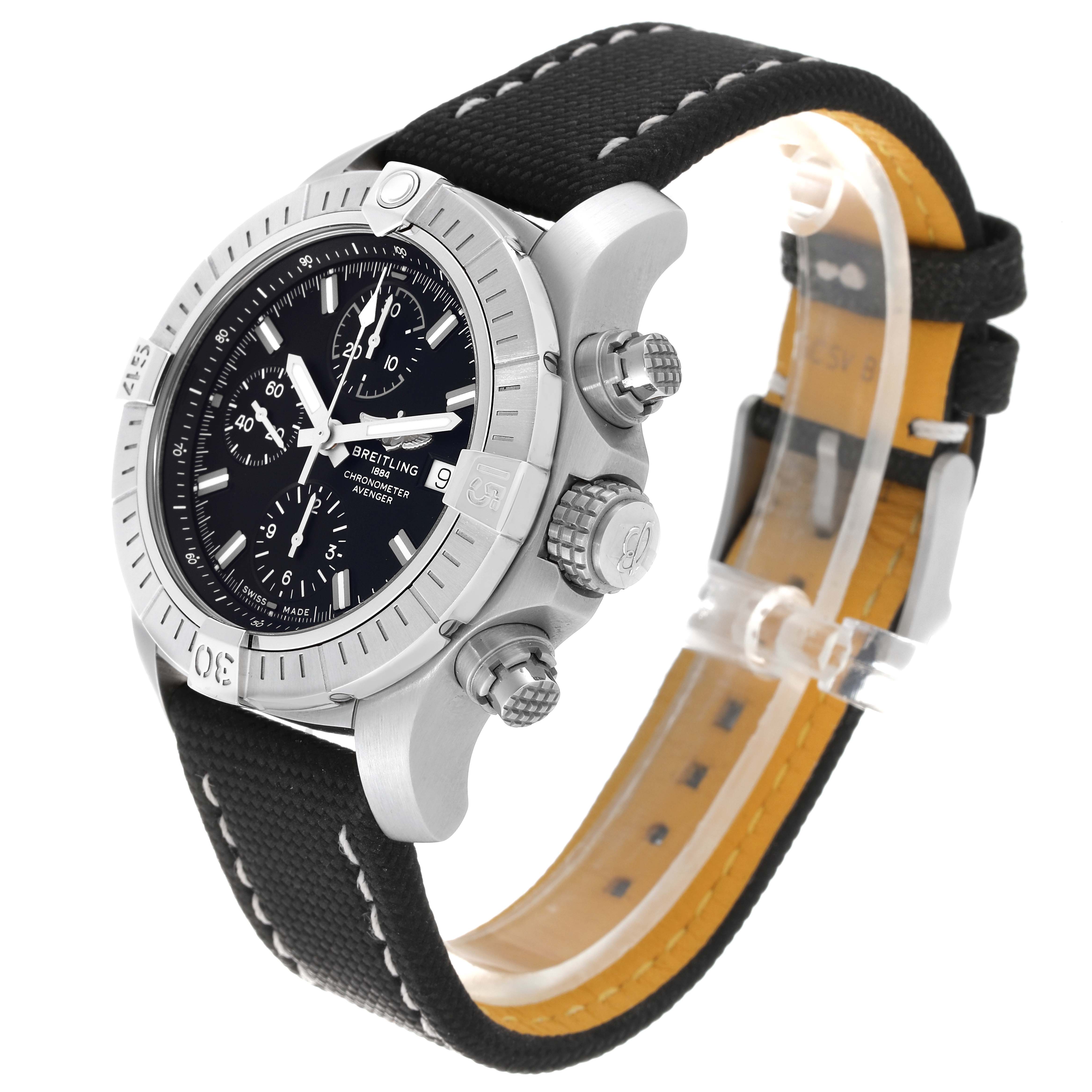 This image shows a side view of the Breitling Avenger A13385 Men's Stainless Steel Black Dial A13385 Men's Stainless Steel Black Dial watch, highlighting its face, bezel, crown, pushers, and strap.