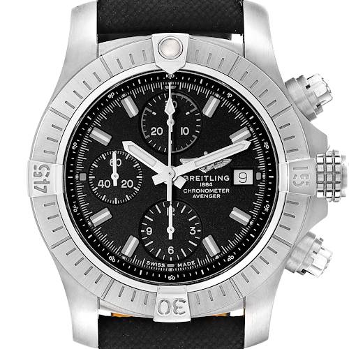 Photo of Breitling Avenger Chronograph 43 Black Dial Steel Mens Watch A13385 Box Card