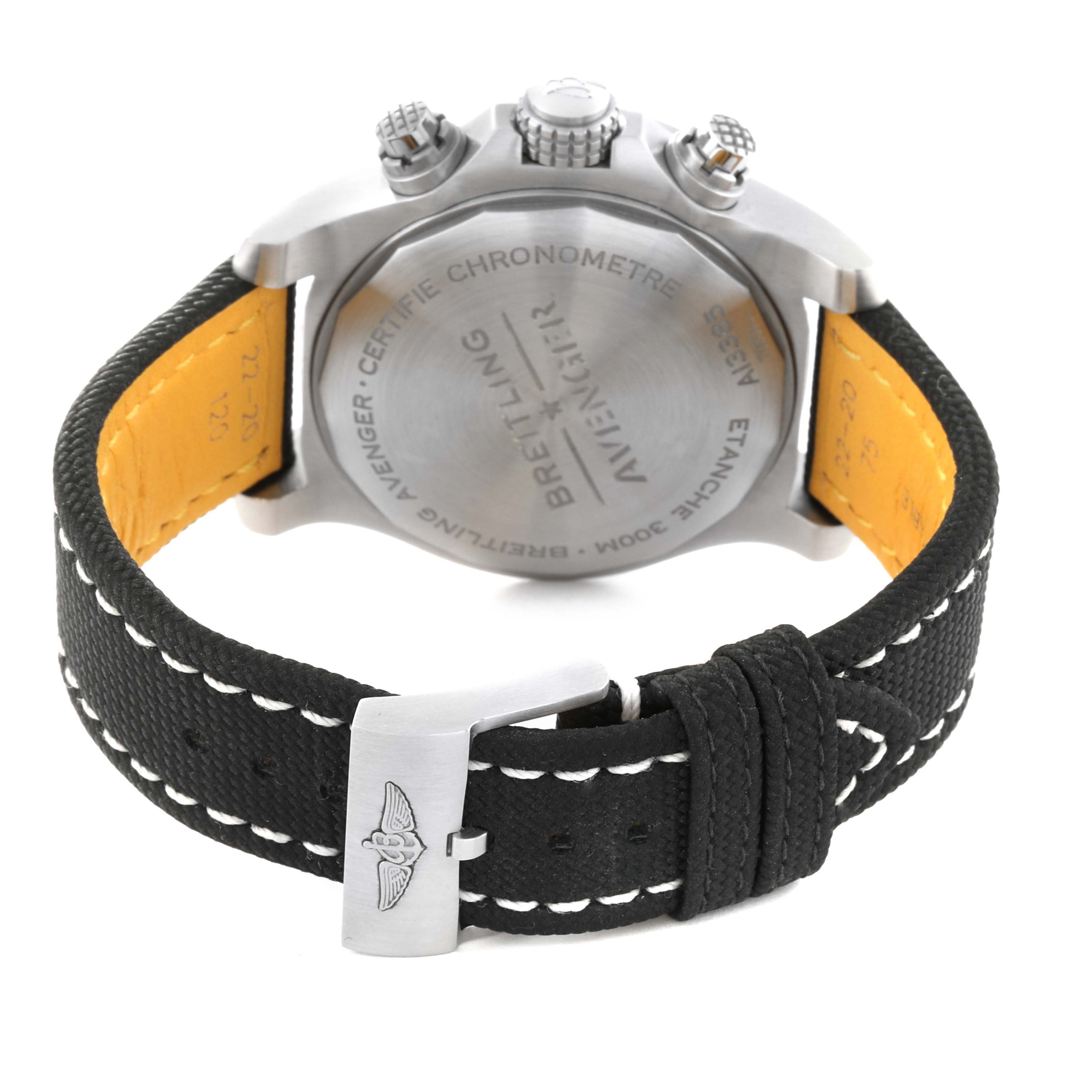 This image shows the backside and strap of the Breitling Avenger A13385 Men's Stainless Steel Black Dial A13385 Men's Stainless Steel Black Dial watch, highlighting its case back and buckle.