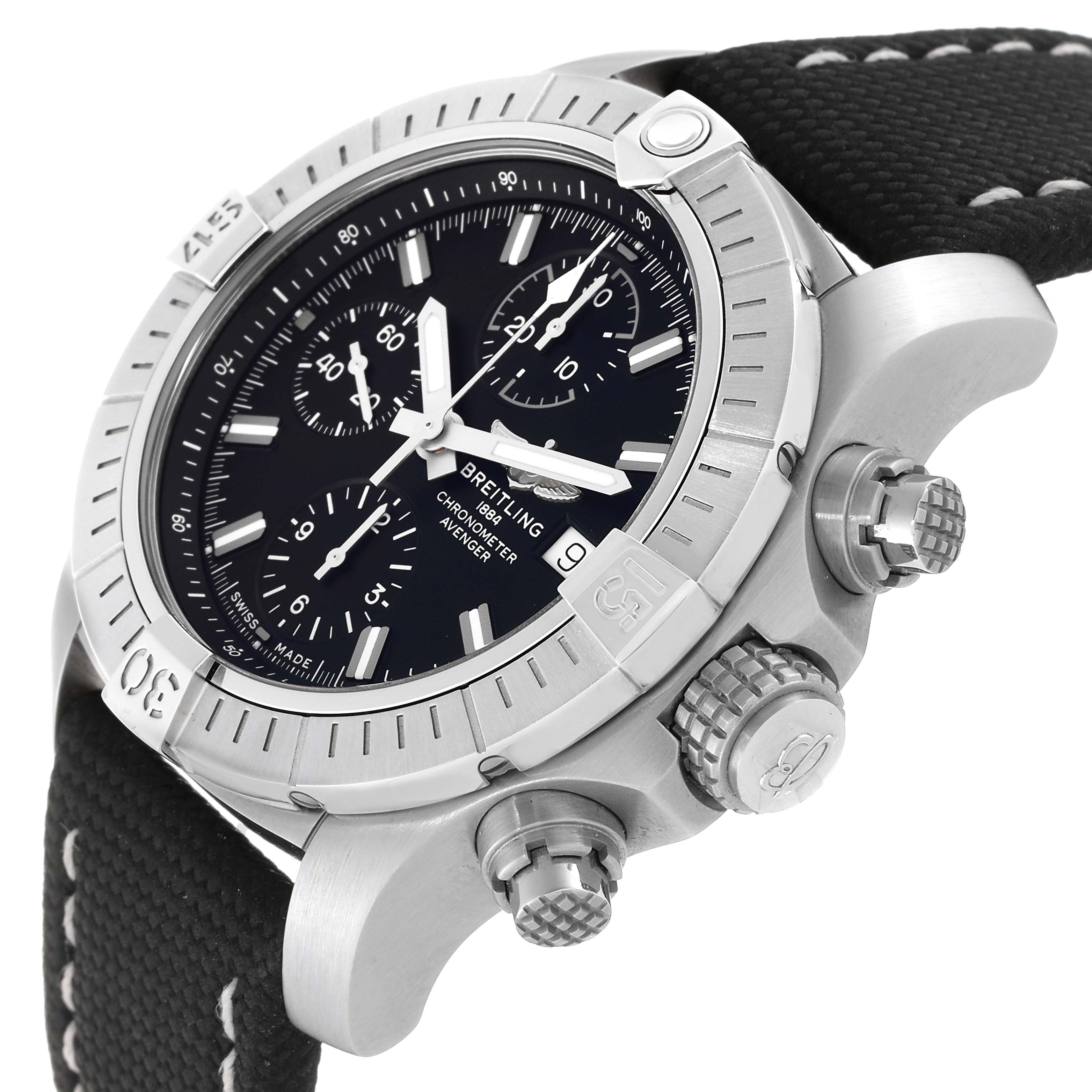 The Breitling Avenger A13385 Men's Stainless Steel Black Dial A13385 Men's Stainless Steel Black Dial watch is shown from a slightly angled side view, highlighting its bezel, crown, and chronograph pushers.