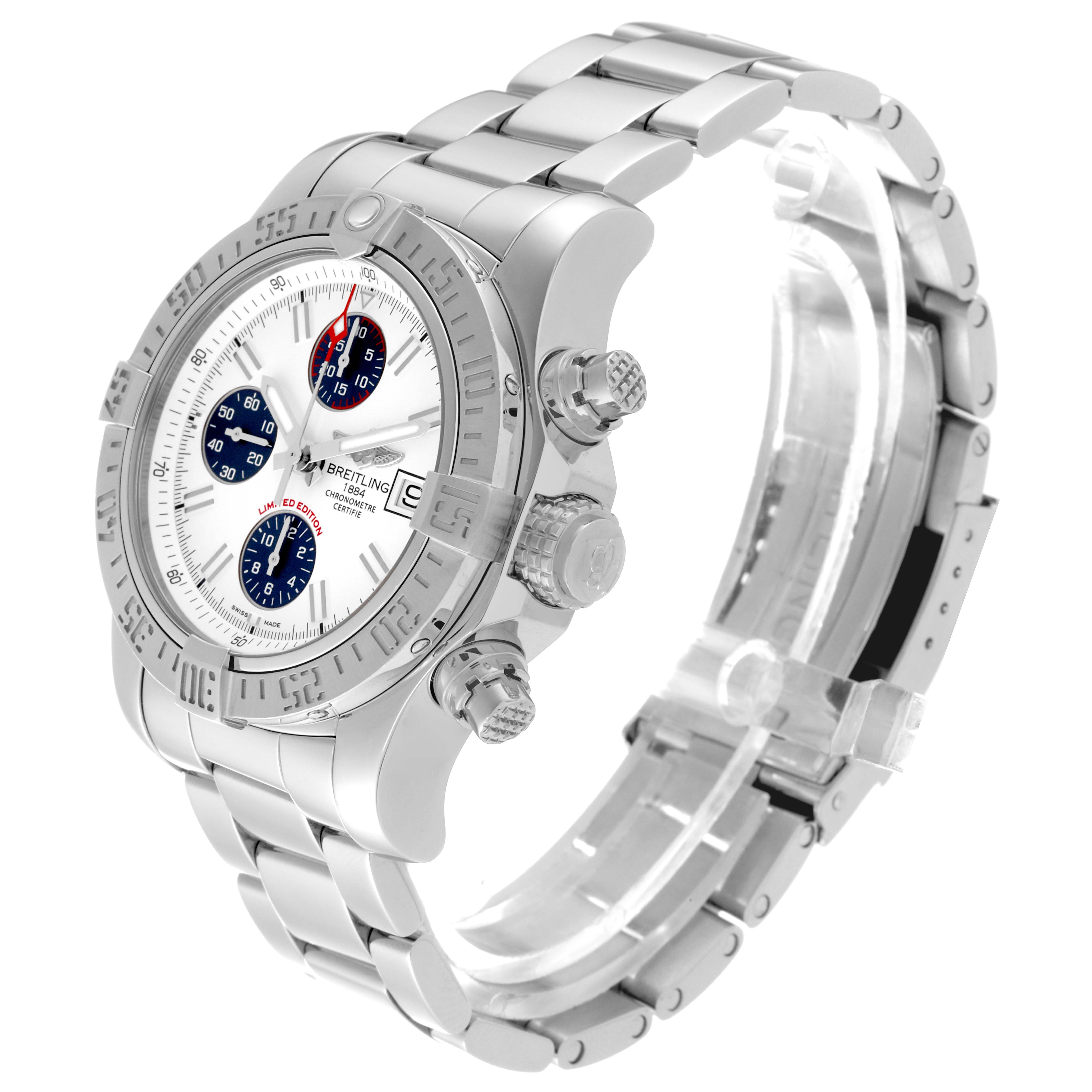 The Breitling Avenger A13381 Men's Stainless Steel White Dial A13381 Men's Stainless Steel White Dial watch is shown at an oblique angle emphasizing the face, bezel, crown, and stainless steel bracelet.