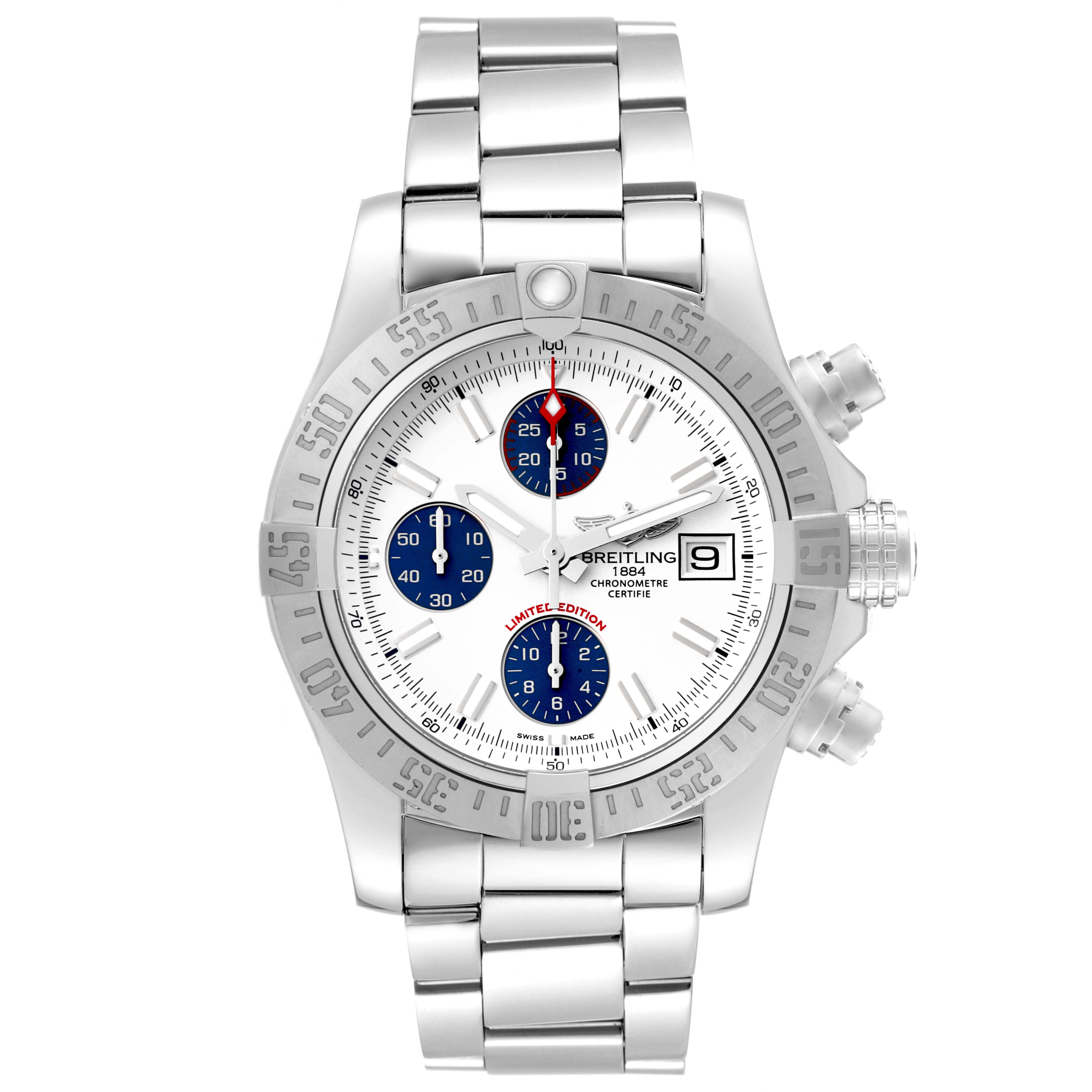 The image shows a Breitling Avenger A13381 Men's Stainless Steel White Dial A13381 Men's Stainless Steel White Dial watch from a front angle, displaying its face, bezel, chronograph dials, and stainless steel bracelet.