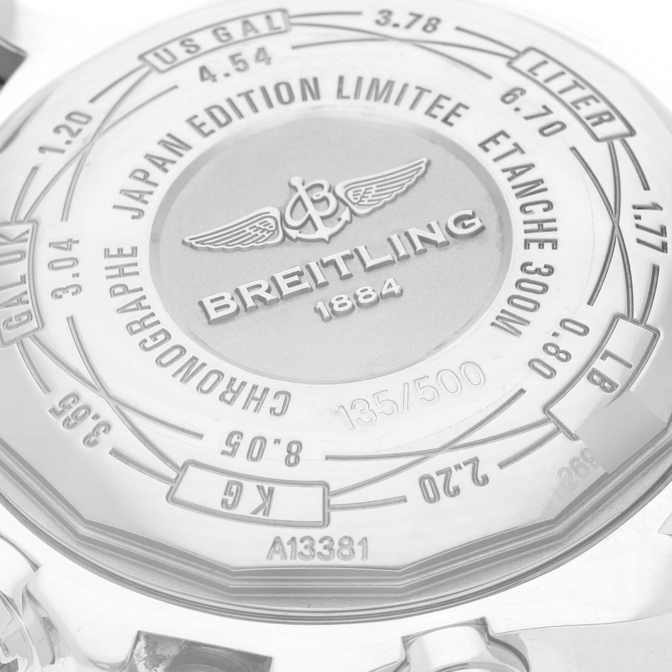 The image shows the case back of the Breitling Avenger A13381 Men's Stainless Steel White Dial A13381 Men's Stainless Steel White Dial watch, featuring engravings and the model details.
