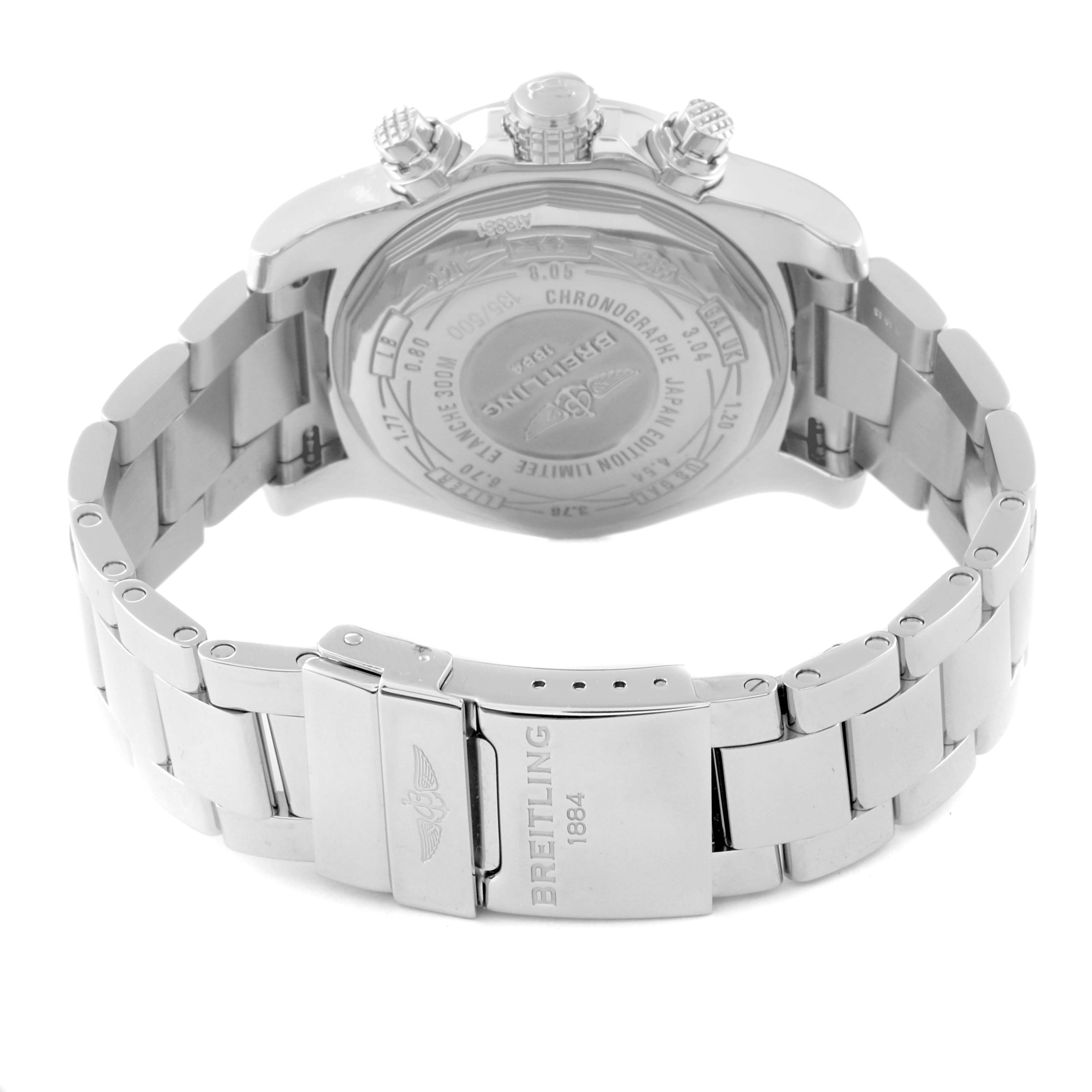 The image shows the back and clasp of a Breitling Avenger A13381 Men's Stainless Steel White Dial A13381 Men's Stainless Steel White Dial watch at an upward angle.