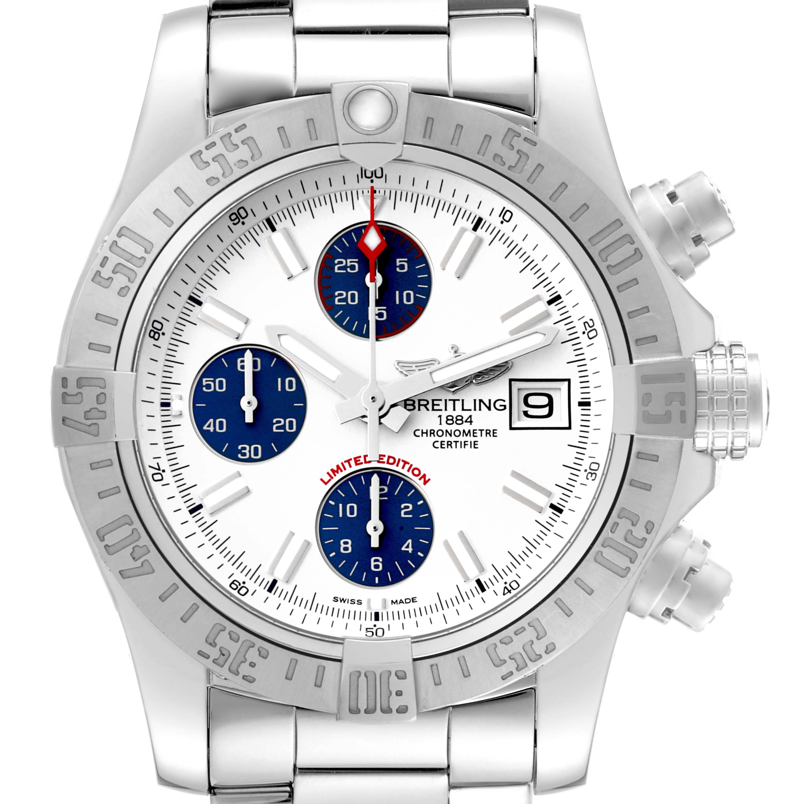 The image shows a front view of a Breitling Avenger A13381 Men's Stainless Steel White Dial A13381 Men's Stainless Steel White Dial watch, displaying the dial, bezel, and bracelet.