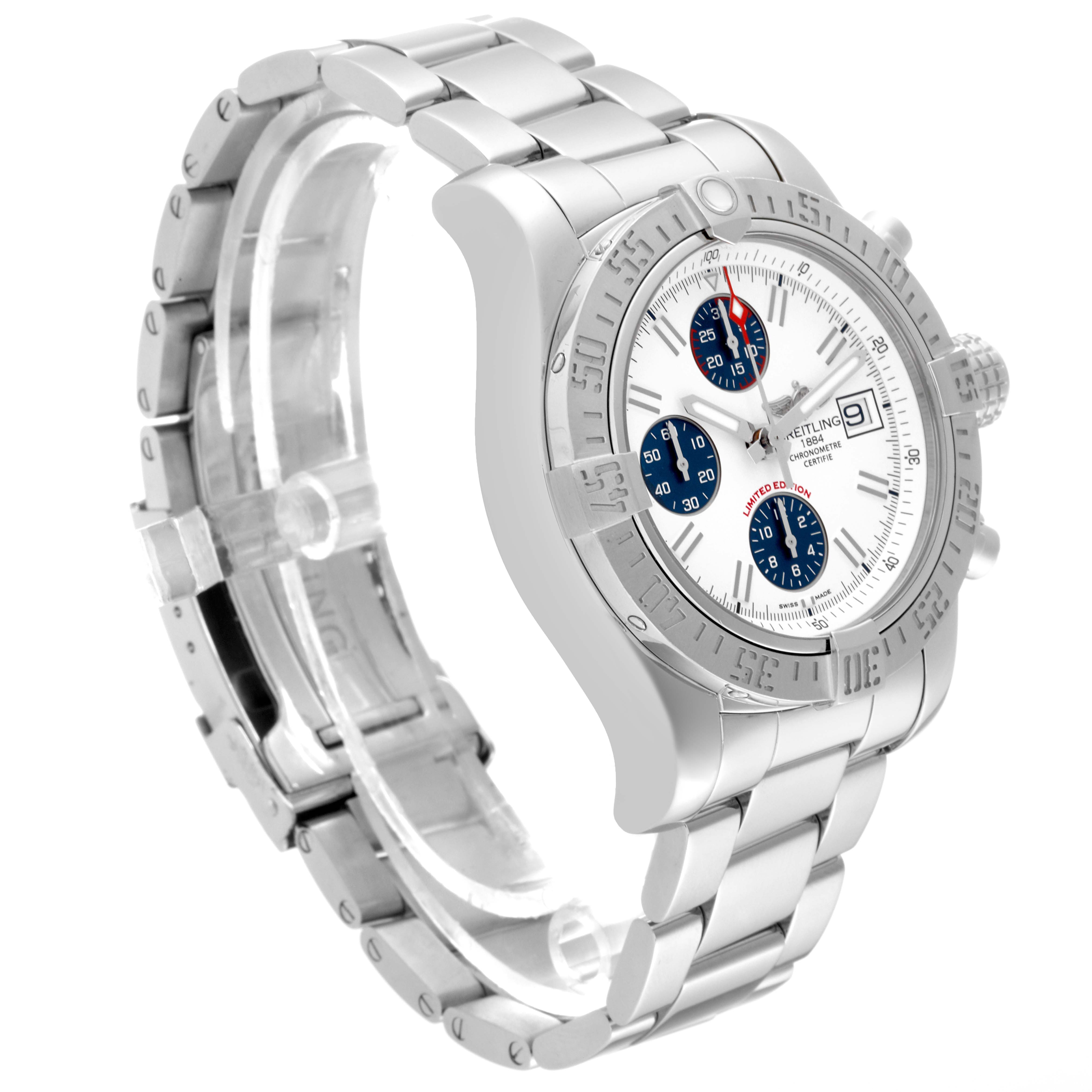 The image shows a Breitling Avenger A13381 Men's Stainless Steel White Dial A13381 Men's Stainless Steel White Dial watch angled to display the face, crown, bezel, and metal bracelet.