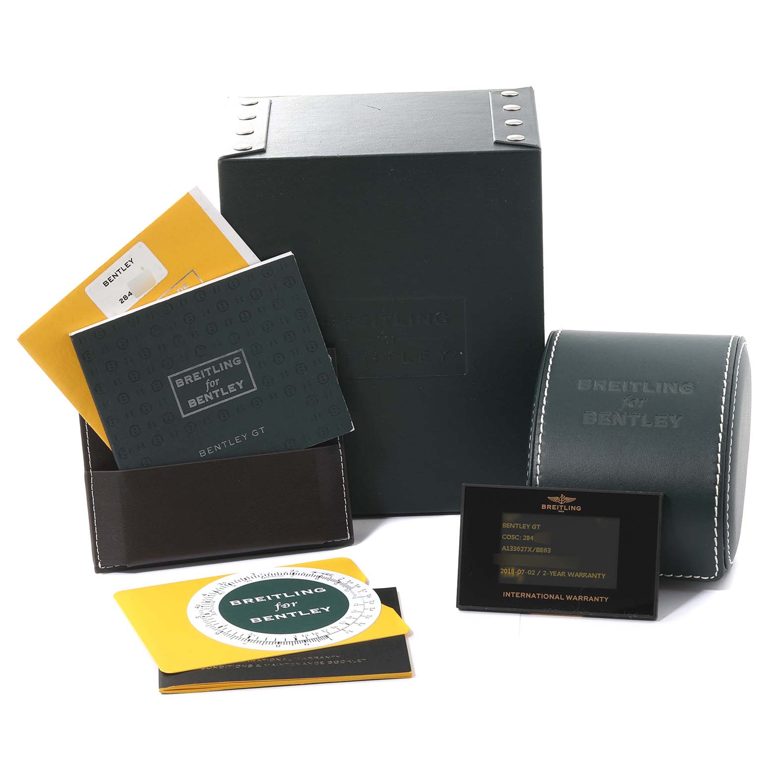 The image shows a Breitling Bentley A13362 Men's Stainless Steel Mother of Pearl Dial A13362 Men's Stainless Steel Mother of Pearl Dial watch box, manuals, international warranty card, and leather case from a frontal angle.