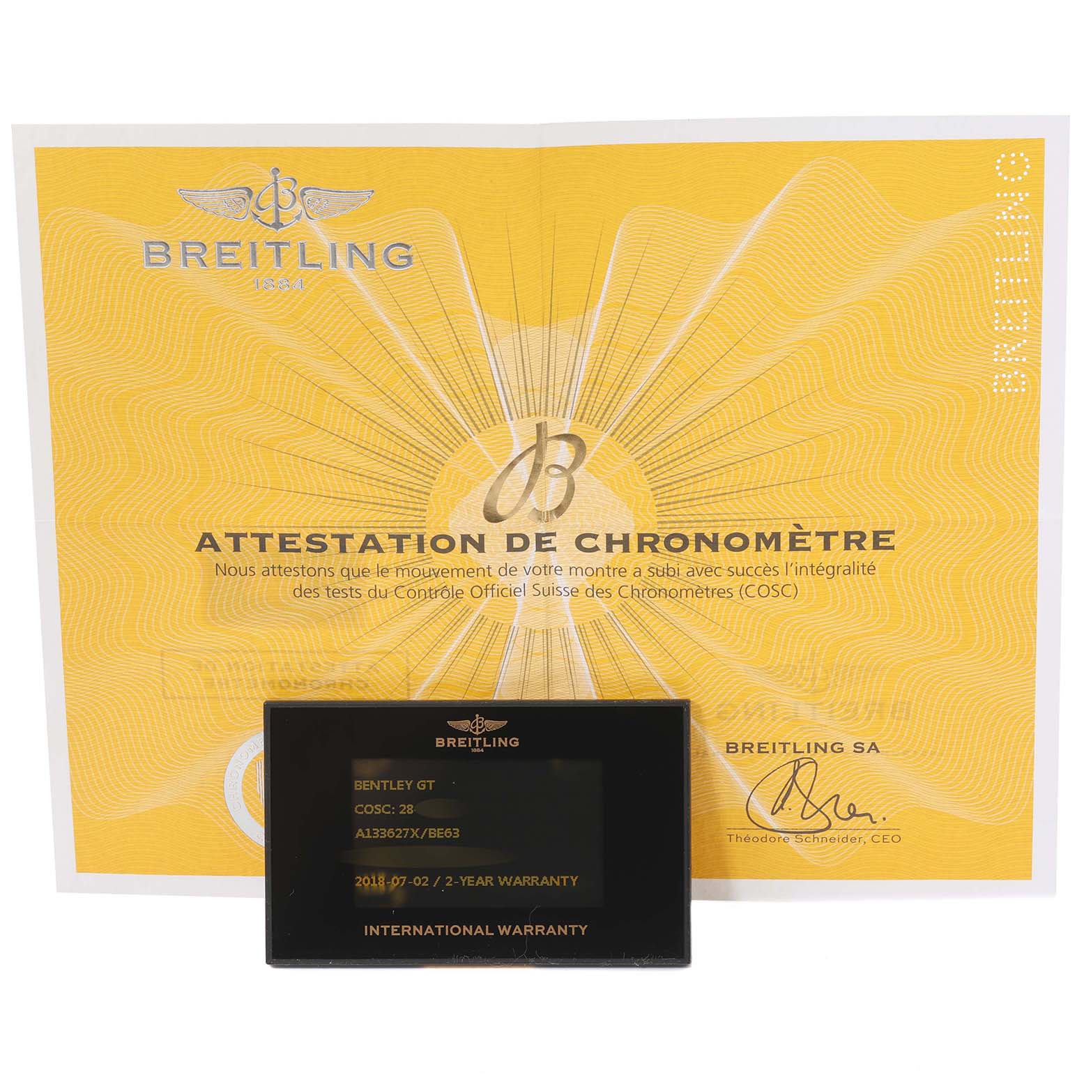 The image shows the Breitling Bentley A13362 Men's Stainless Steel Mother of Pearl Dial A13362 Men's Stainless Steel Mother of Pearl Dial model's Chronometer Certificate and International Warranty card.