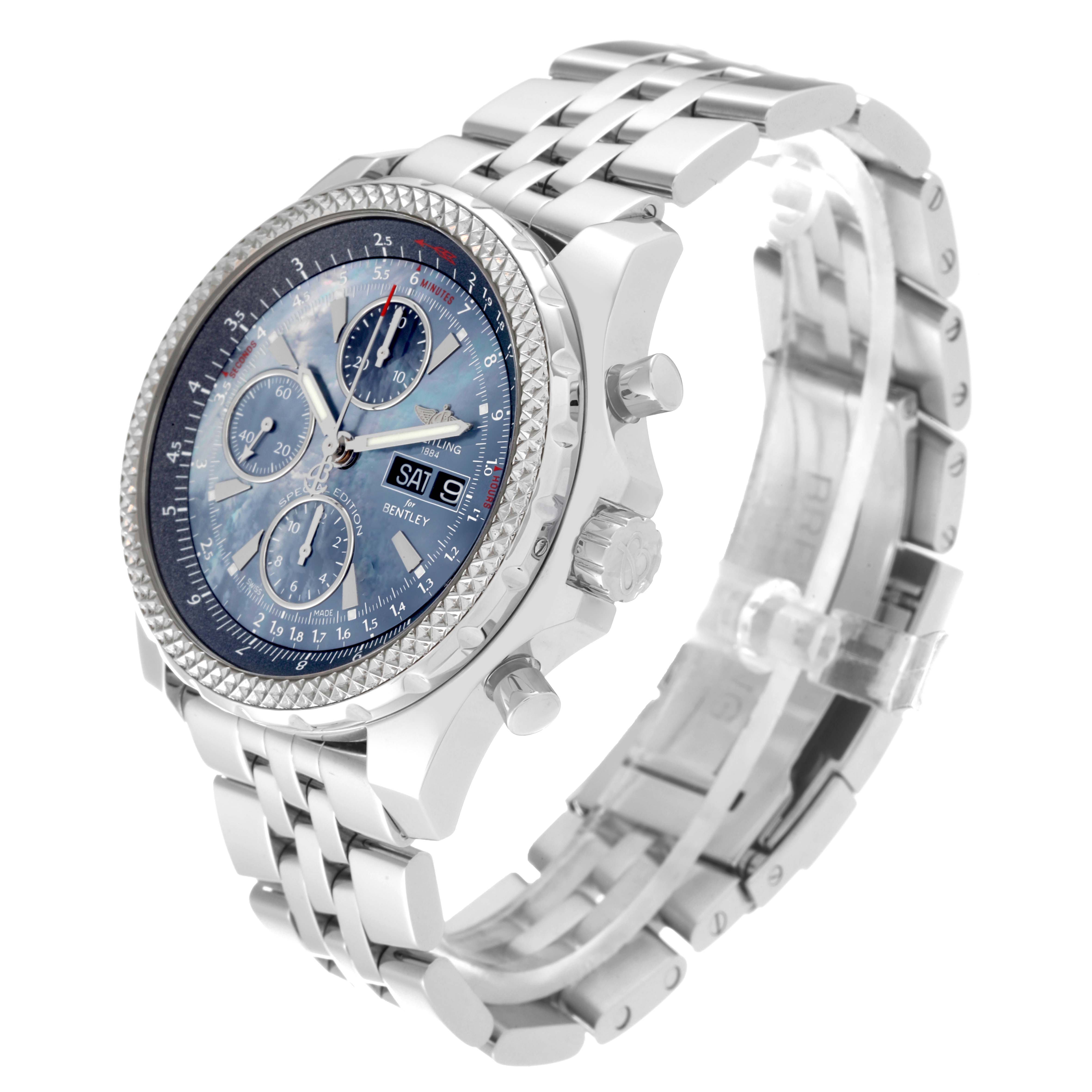 The Breitling Bentley A13362 Men's Stainless Steel Mother of Pearl Dial A13362 Men's Stainless Steel Mother of Pearl Dial model watch is shown at an angle highlighting the face, bezel, buttons, crown, and metal strap.