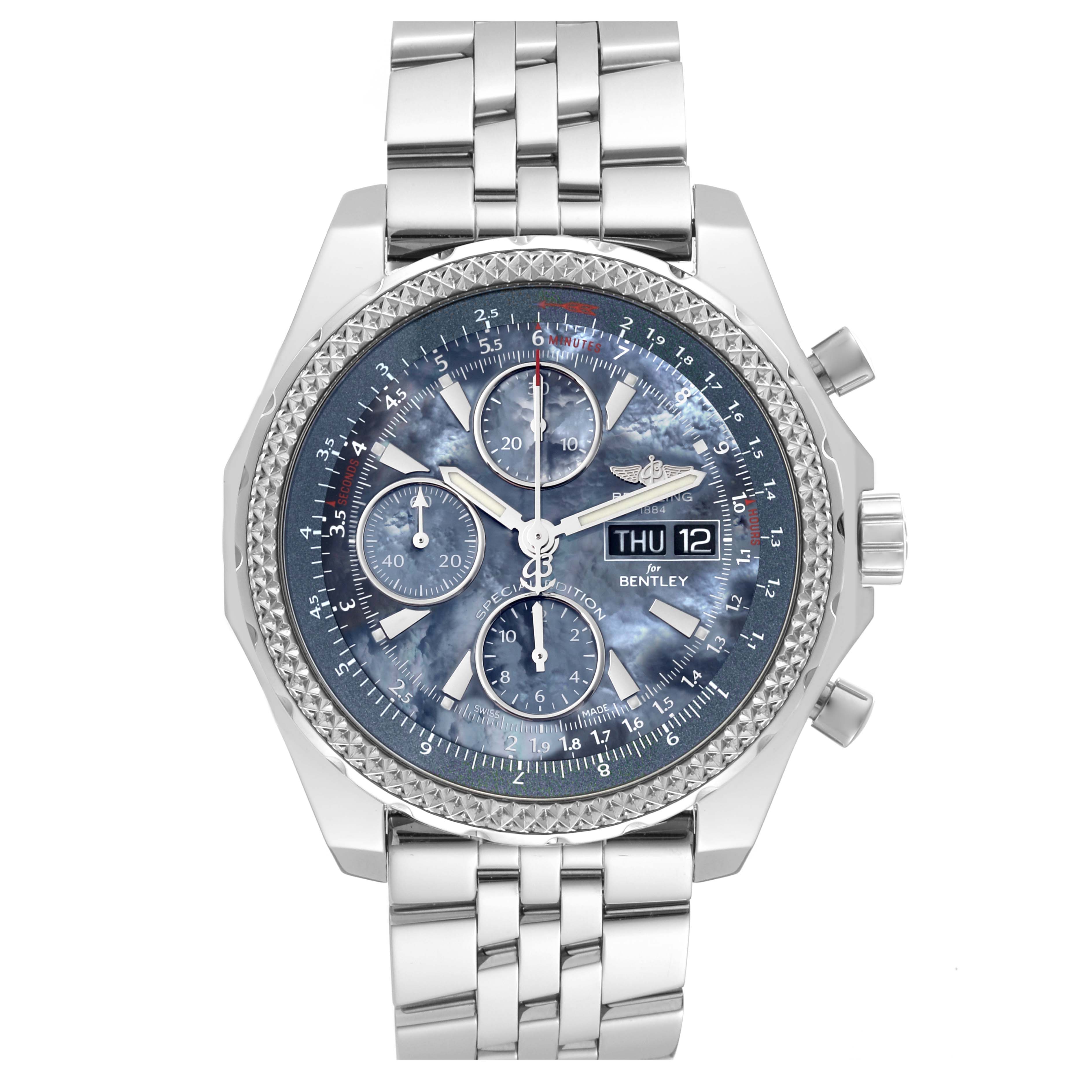 The image shows a front view of a Bentley by Breitling watch, highlighting its face, dial, and metallic band.