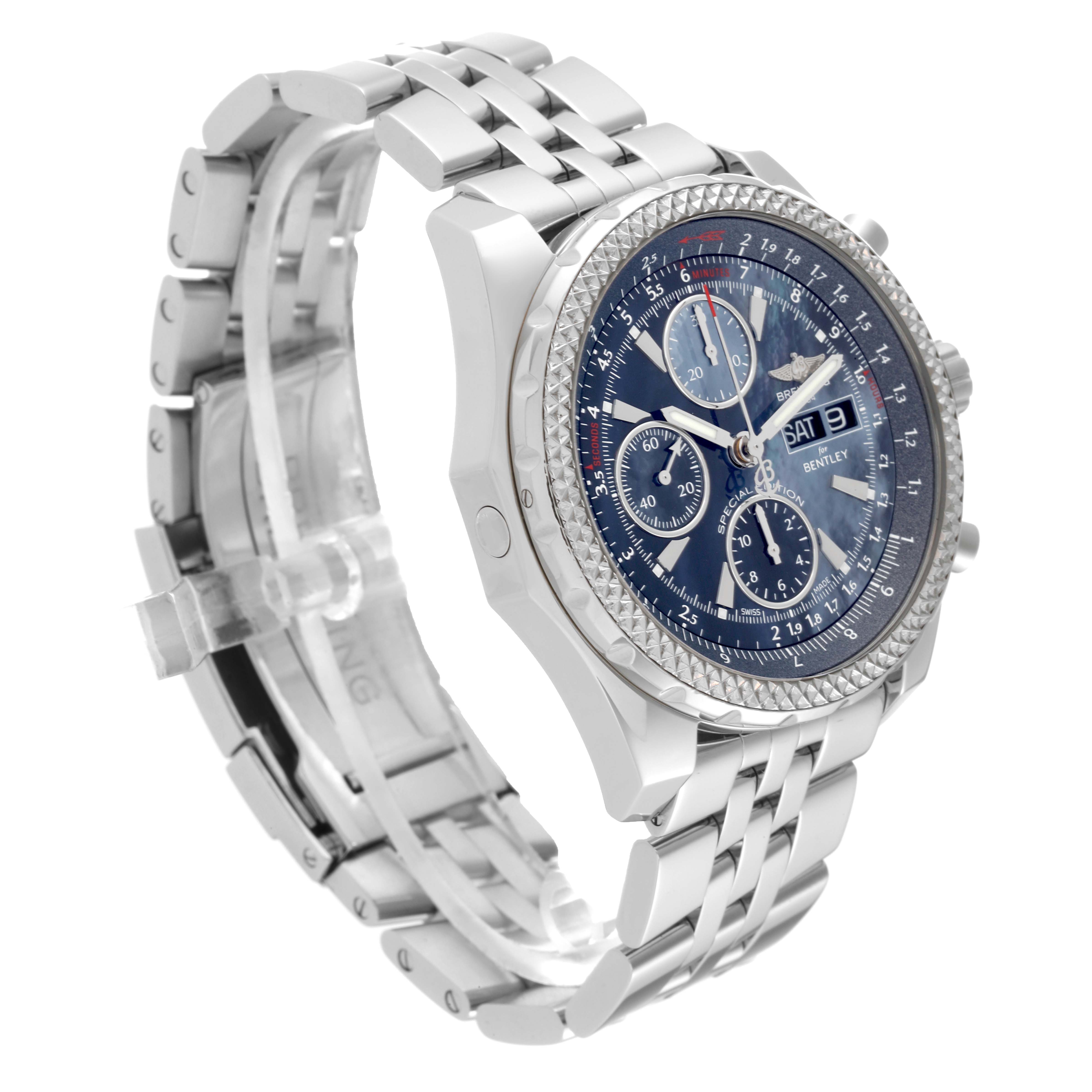 The Breitling Bentley A13362 Men's Stainless Steel Mother of Pearl Dial A13362 Men's Stainless Steel Mother of Pearl Dial watch is shown at a three-quarter angle, highlighting the bezel, dial, and stainless steel bracelet.