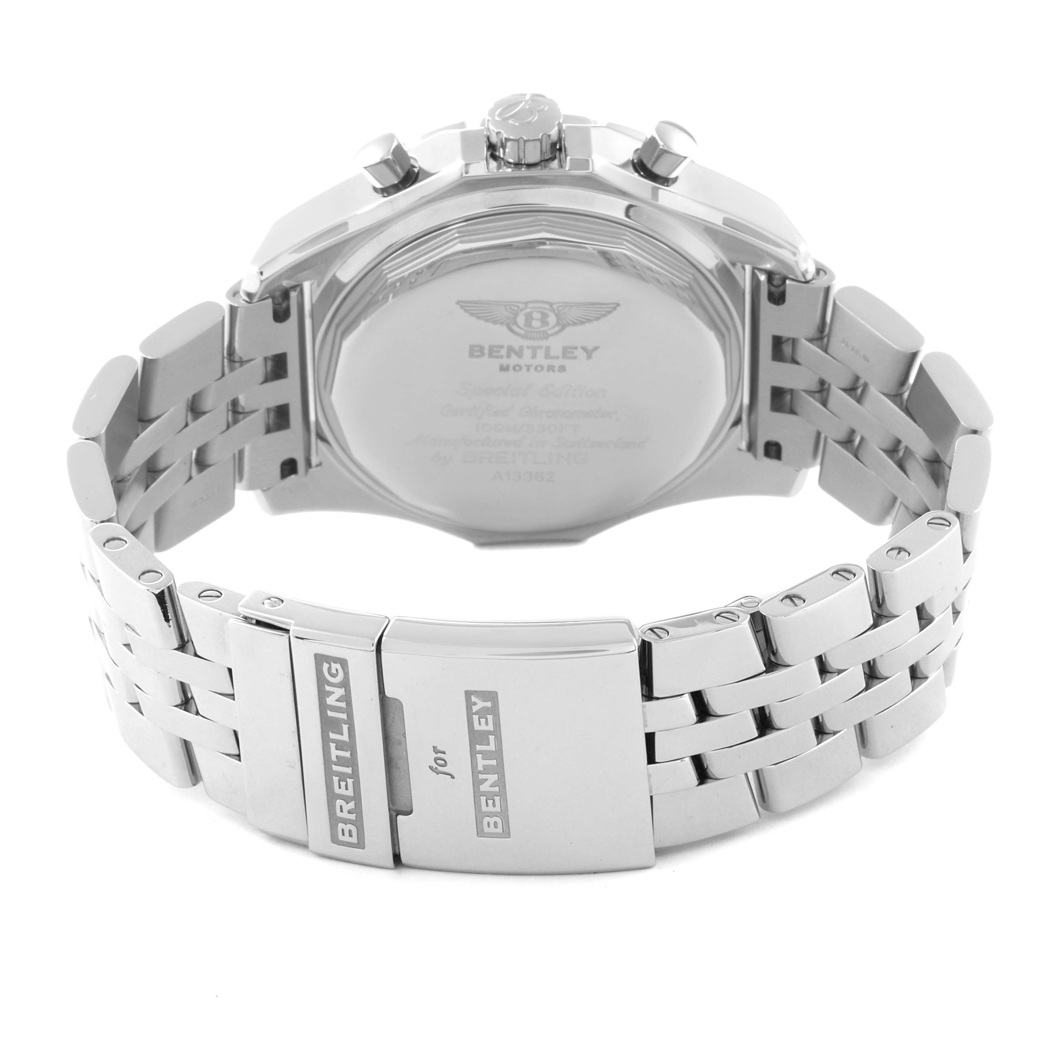 The image shows the back view of the Breitling Bentley A13362 Men's Stainless Steel Mother of Pearl Dial A13362 Men's Stainless Steel Mother of Pearl Dial model watch, highlighting its clasp and engraved case back.