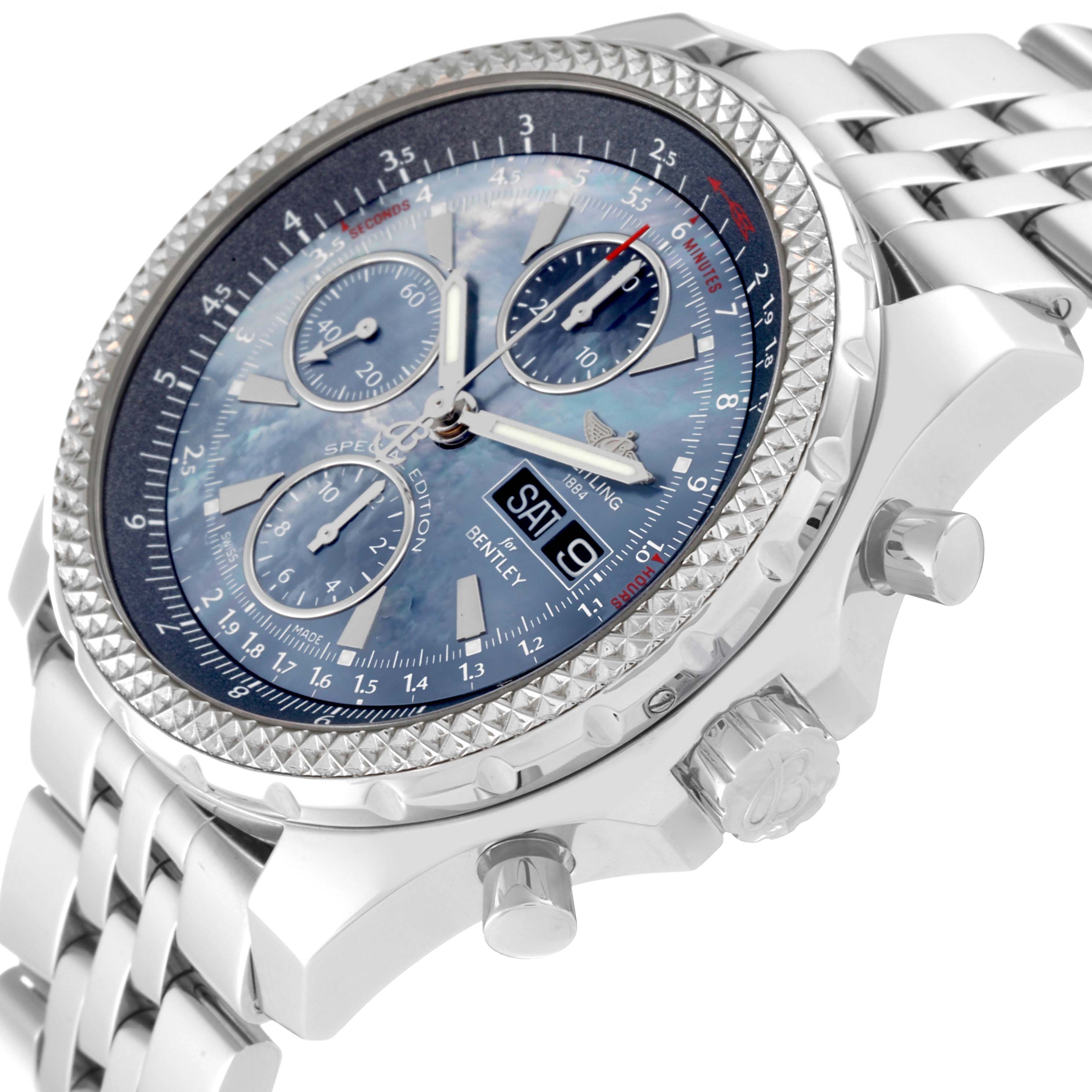 The Breitling Bentley A13362 Men's Stainless Steel Mother of Pearl Dial A13362 Men's Stainless Steel Mother of Pearl Dial watch is shown at an angled side view, featuring the face, bezel, crown, pushers, and part of the metal bracelet.