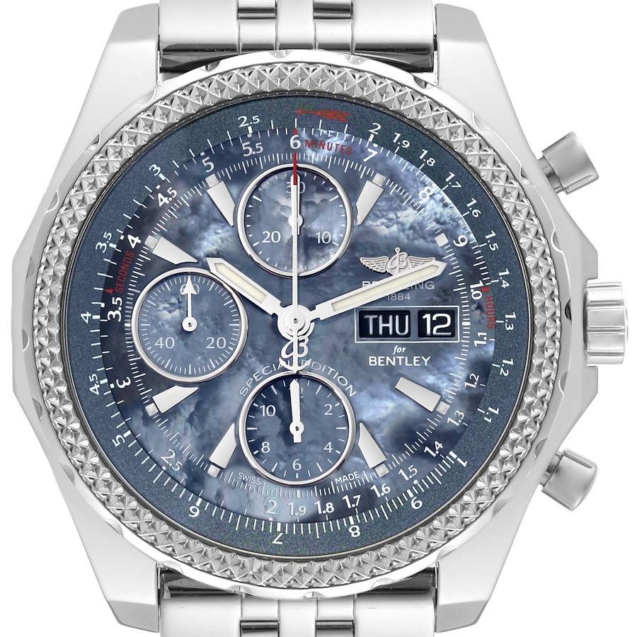 The image displays a frontal view of a Bentley model by Breitling, showcasing the watch face, dials, and part of the metal strap.