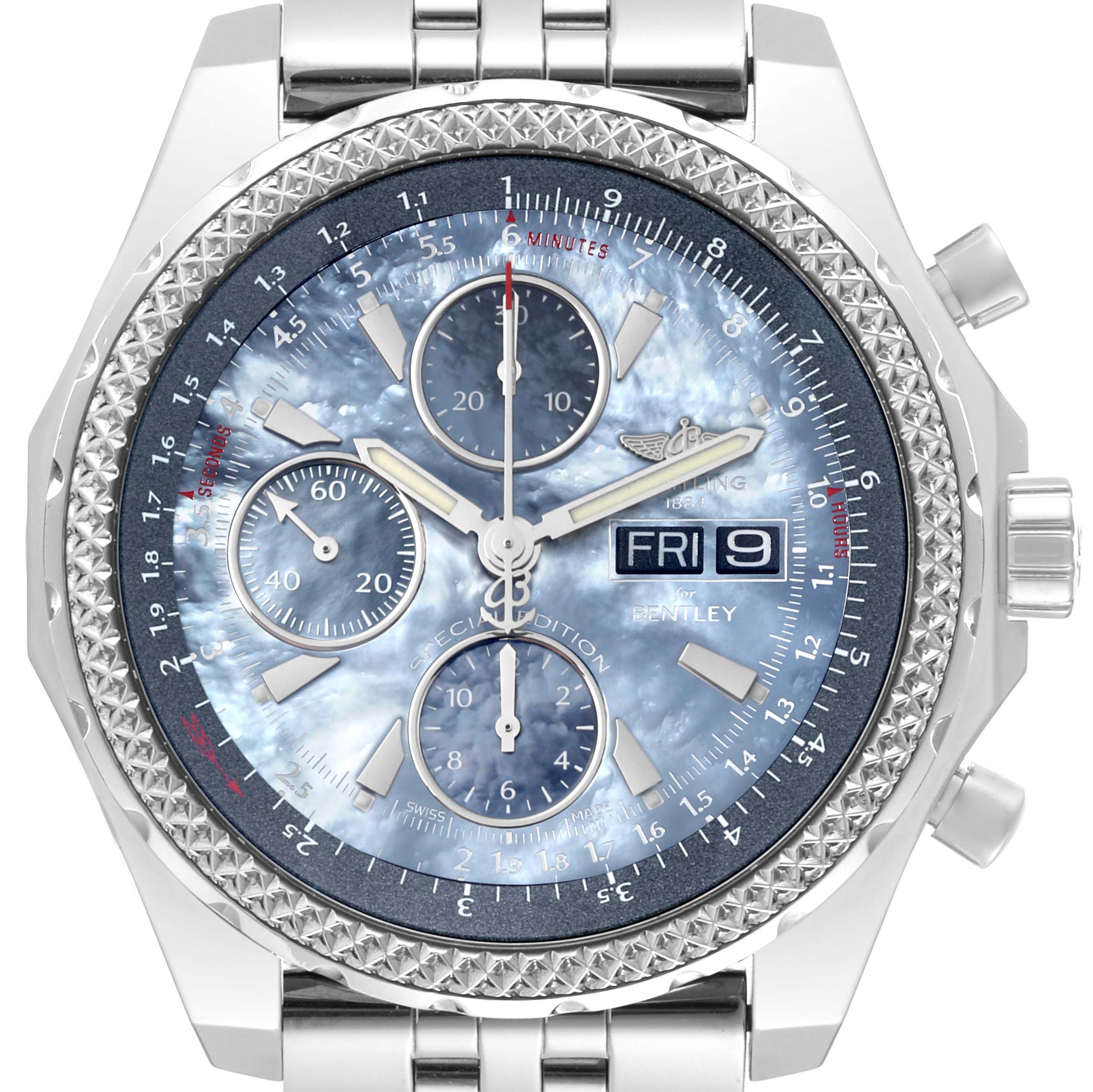 This image shows the face and bezel of a Breitling Bentley A13362 Men's Stainless Steel Mother of Pearl Dial A13362 Men's Stainless Steel Mother of Pearl Dial model watch from a front angle.