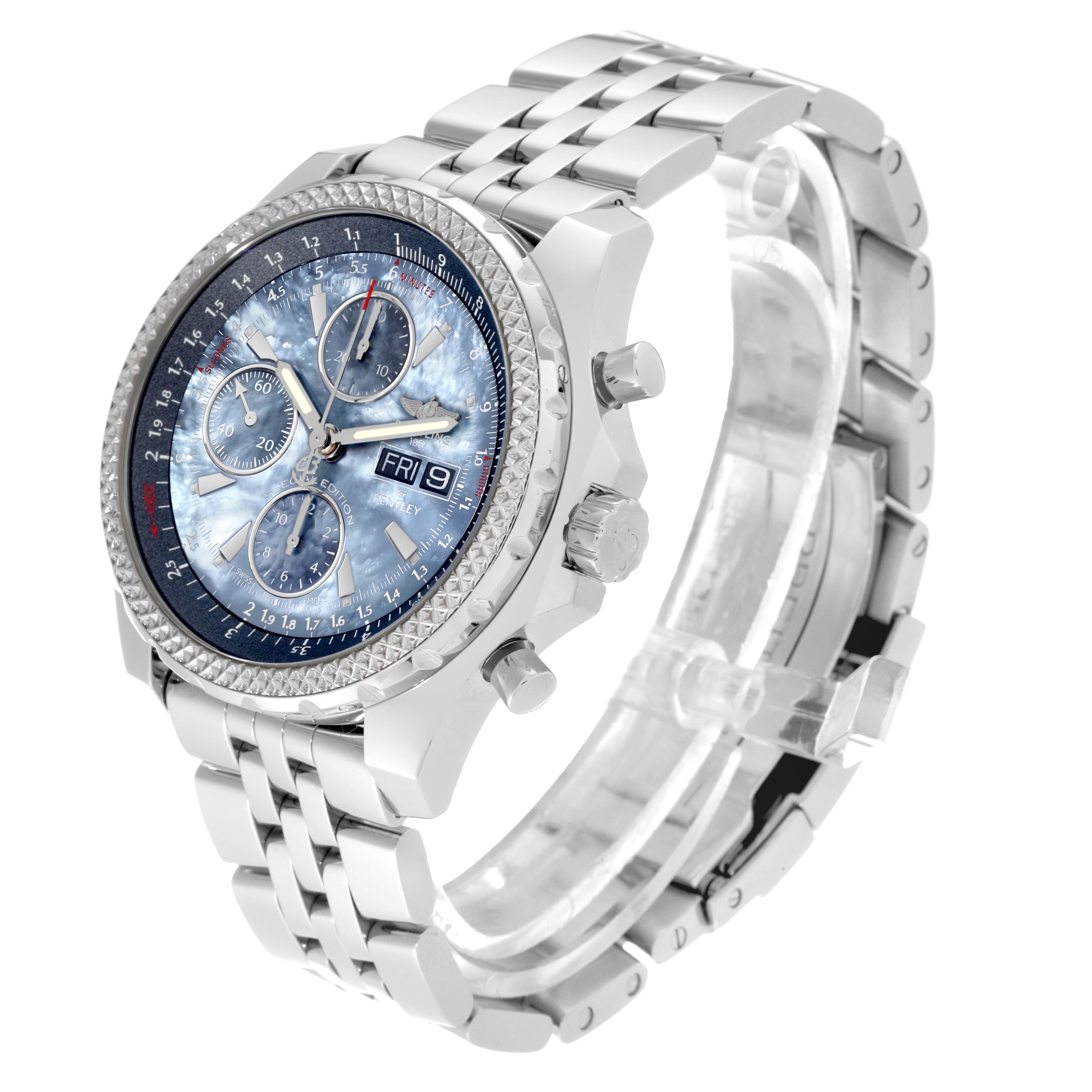 The image shows a Bentley model by Breitling from a side angle, displaying its face, bezel, crown, and metal bracelet.