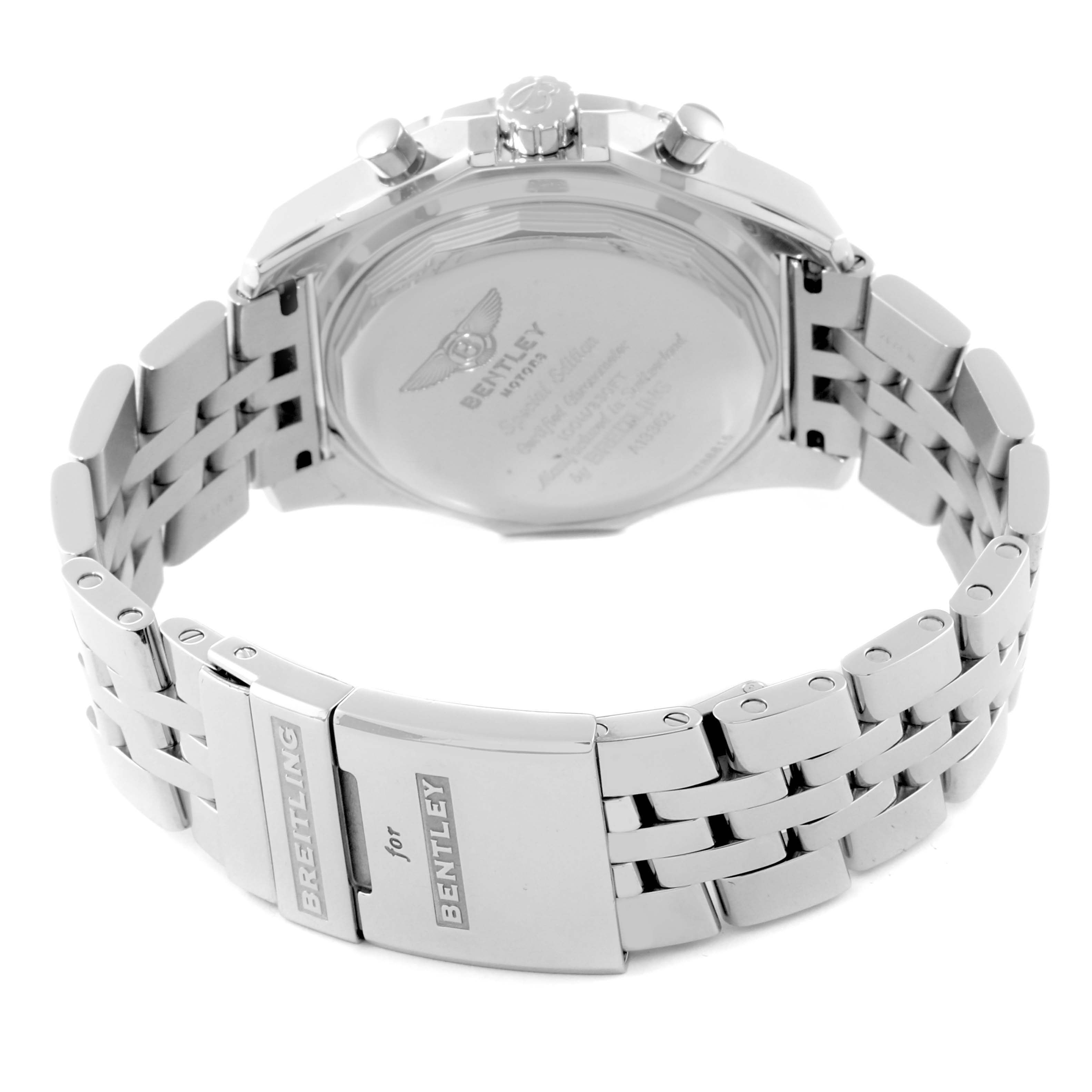 The image shows the back of a Bentley model by Breitling, highlighting the clasp and part of the bracelet.