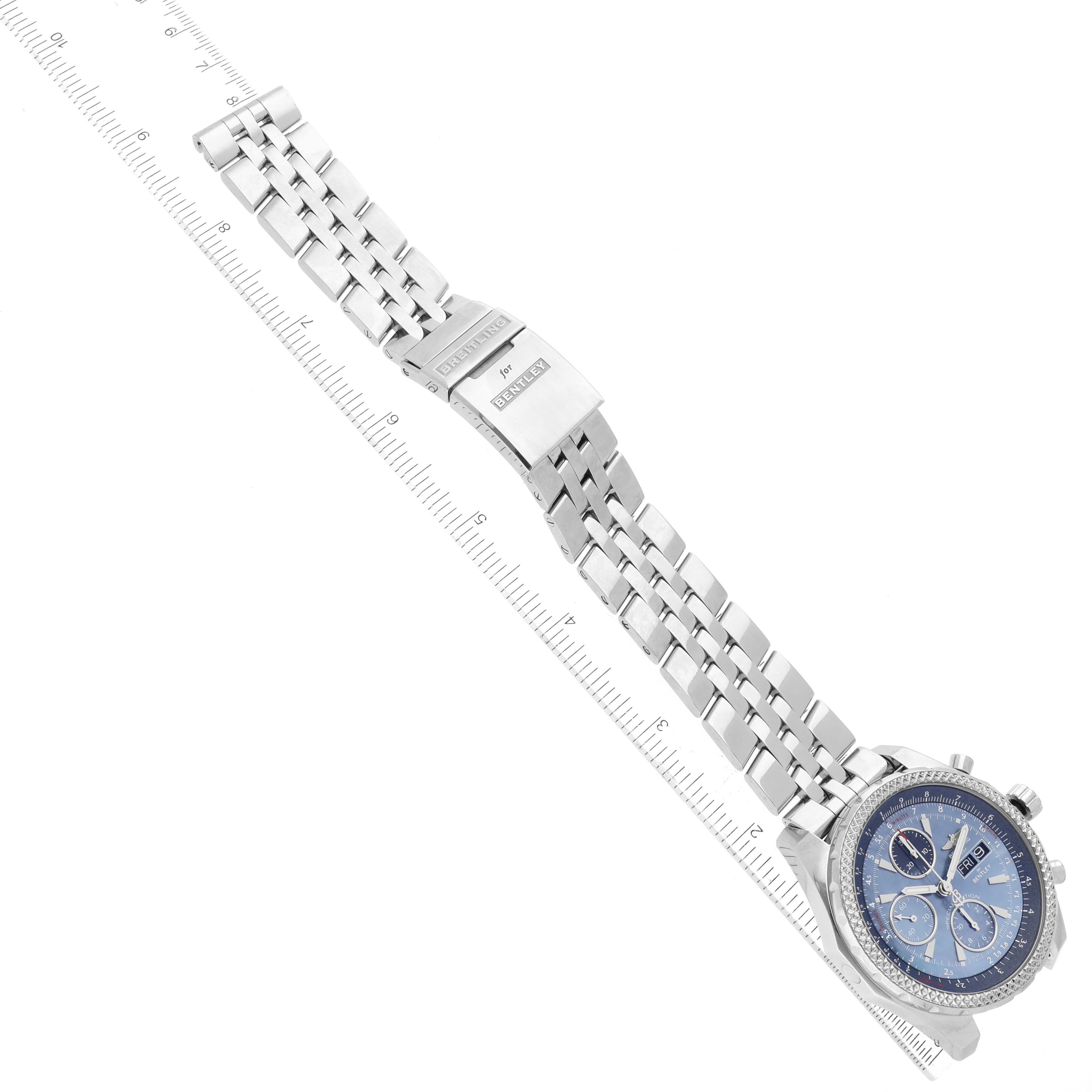 The image shows a Breitling Bentley A13362 Men's Stainless Steel Mother of Pearl Dial A13362 Men's Stainless Steel Mother of Pearl Dial model watch from an overhead angle, displaying its face, metal band, and clasp.