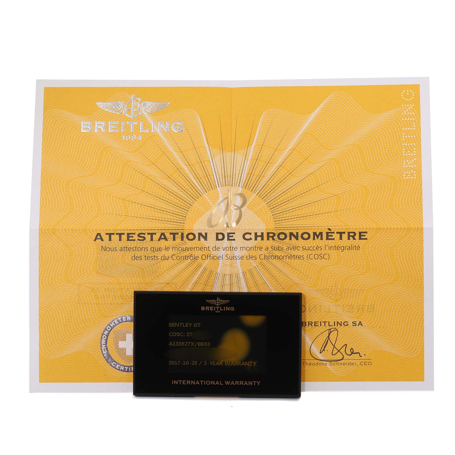 The image shows the certification and warranty card for a Breitling Bentley A13362 Men's Stainless Steel Mother of Pearl Dial A13362 Men's Stainless Steel Mother of Pearl Dial model watch, laid flat.