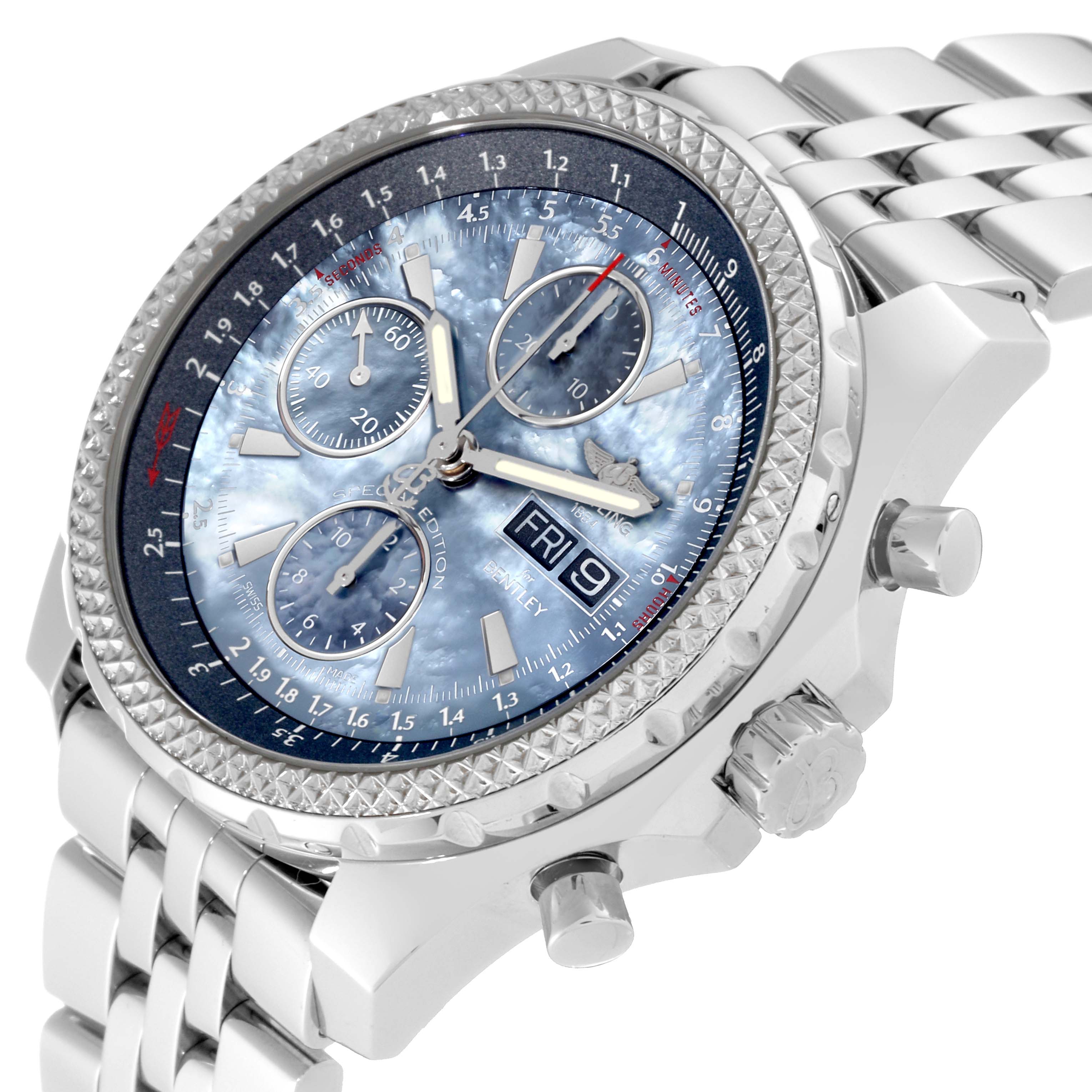 This image shows a side-angle view of the Breitling Bentley A13362 Men's Stainless Steel Mother of Pearl Dial A13362 Men's Stainless Steel Mother of Pearl Dial watch, emphasizing the face, bezel, crown, and stainless steel bracelet.
