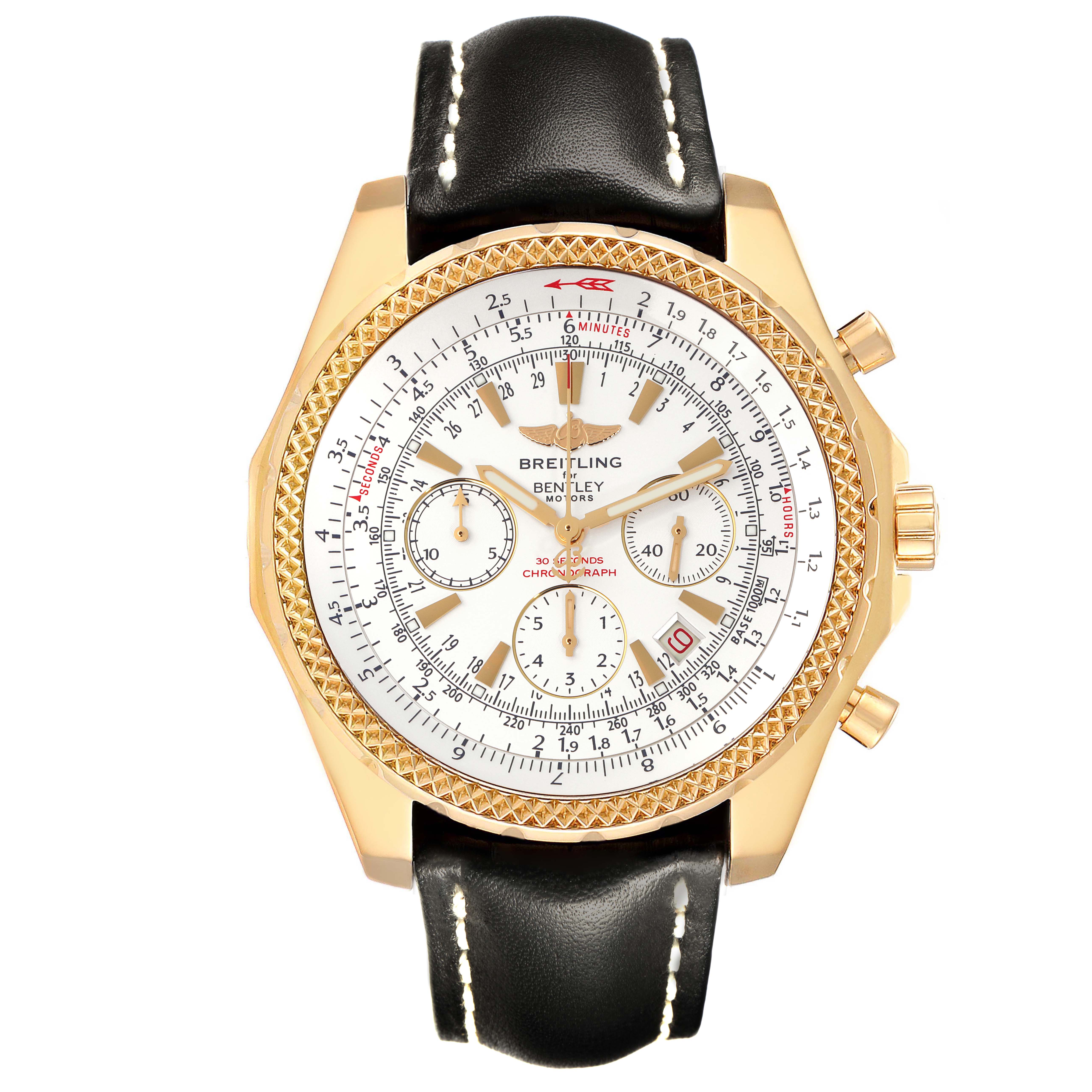 The Breitling Bentley K25362 Men's Yellow Gold White Dial K25362 Men's Yellow Gold White Dial watch is shown from the front, displaying the dial, bezel, crown, and leather strap.