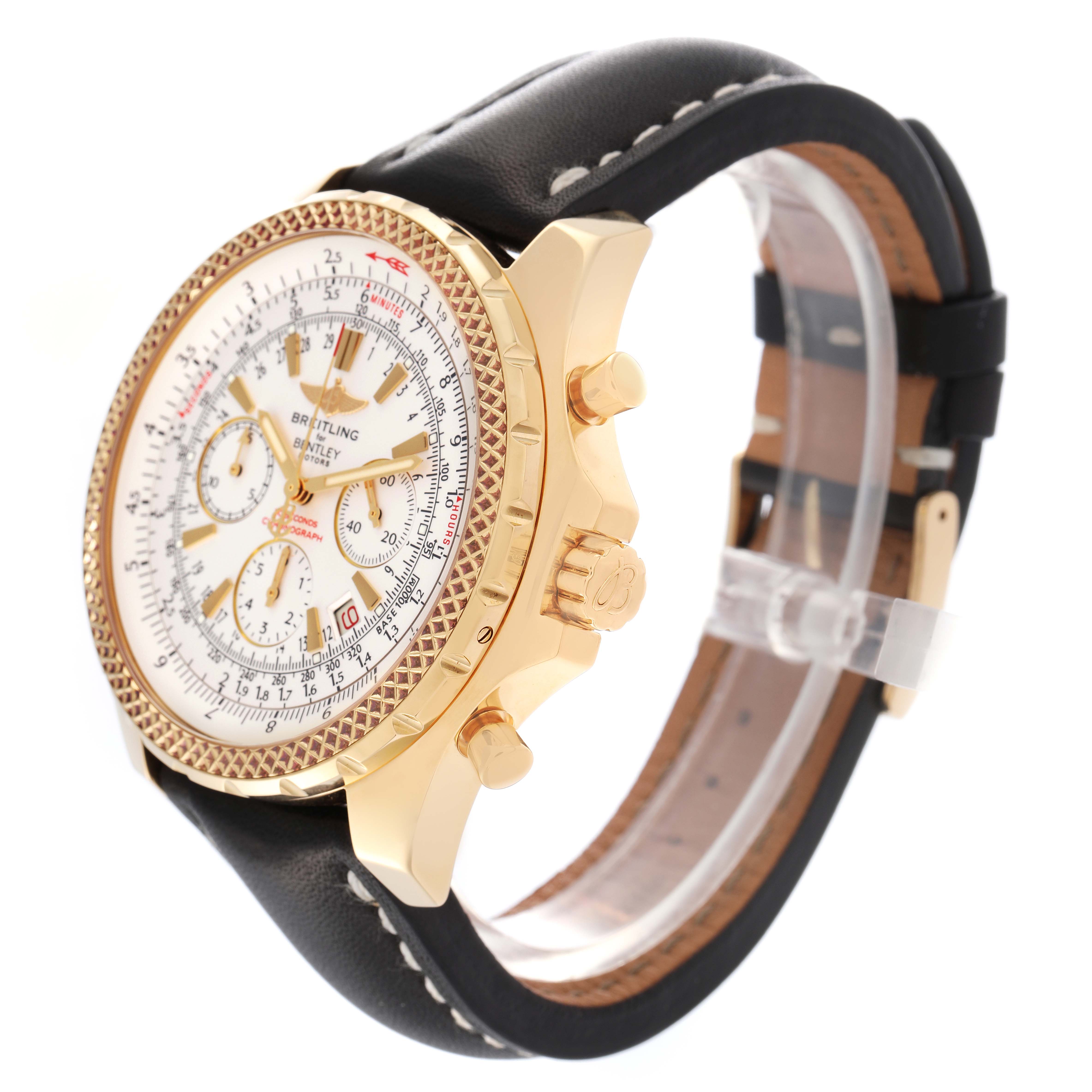 The Bentley model by Breitling is shown at a side angle, highlighting the gold case, dial, crown, pushers, and black leather strap.