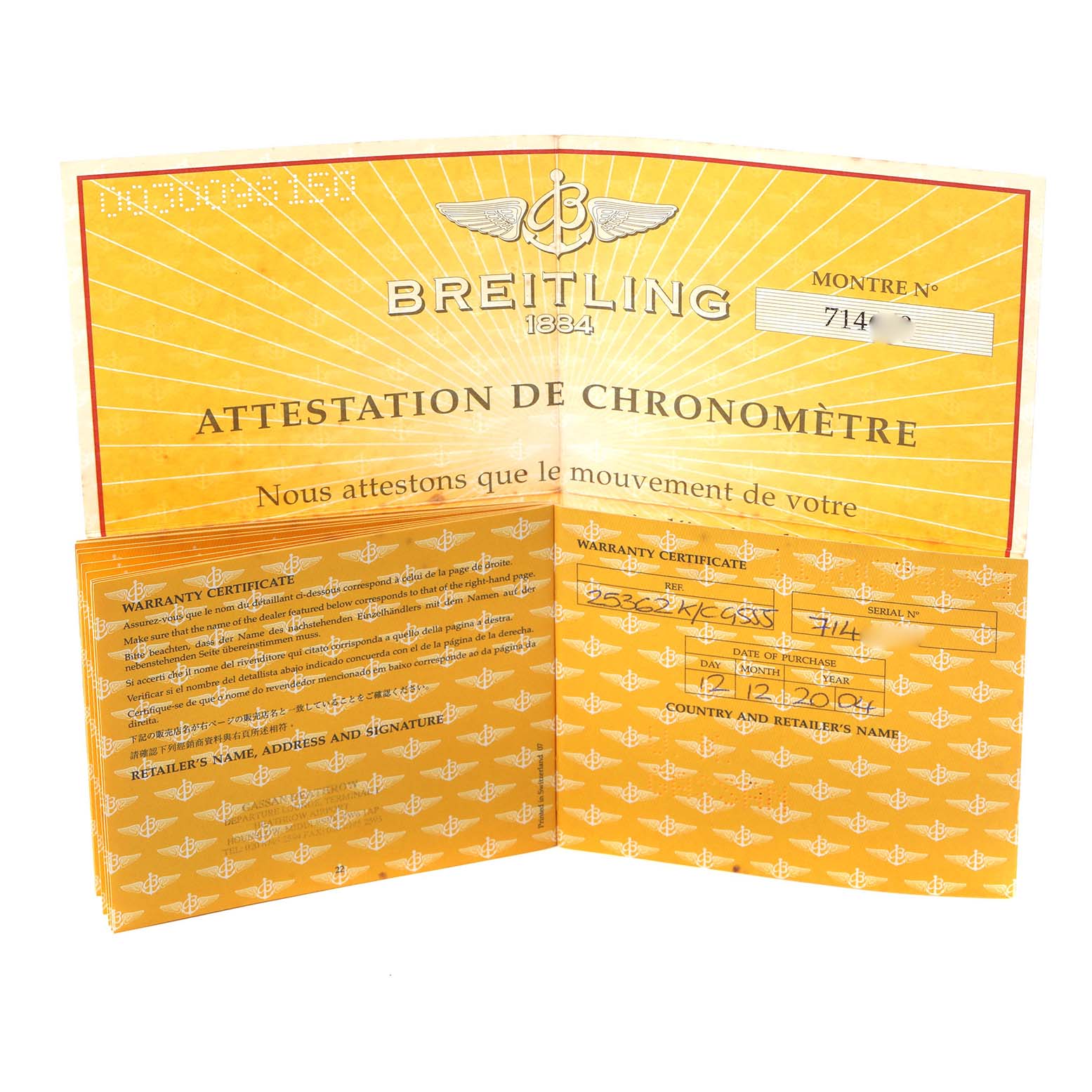 The image shows a warranty certificate booklet for a Breitling Bentley K25362 Men's Yellow Gold White Dial K25362 Men's Yellow Gold White Dial model watch, opened to display brand details and purchase information.