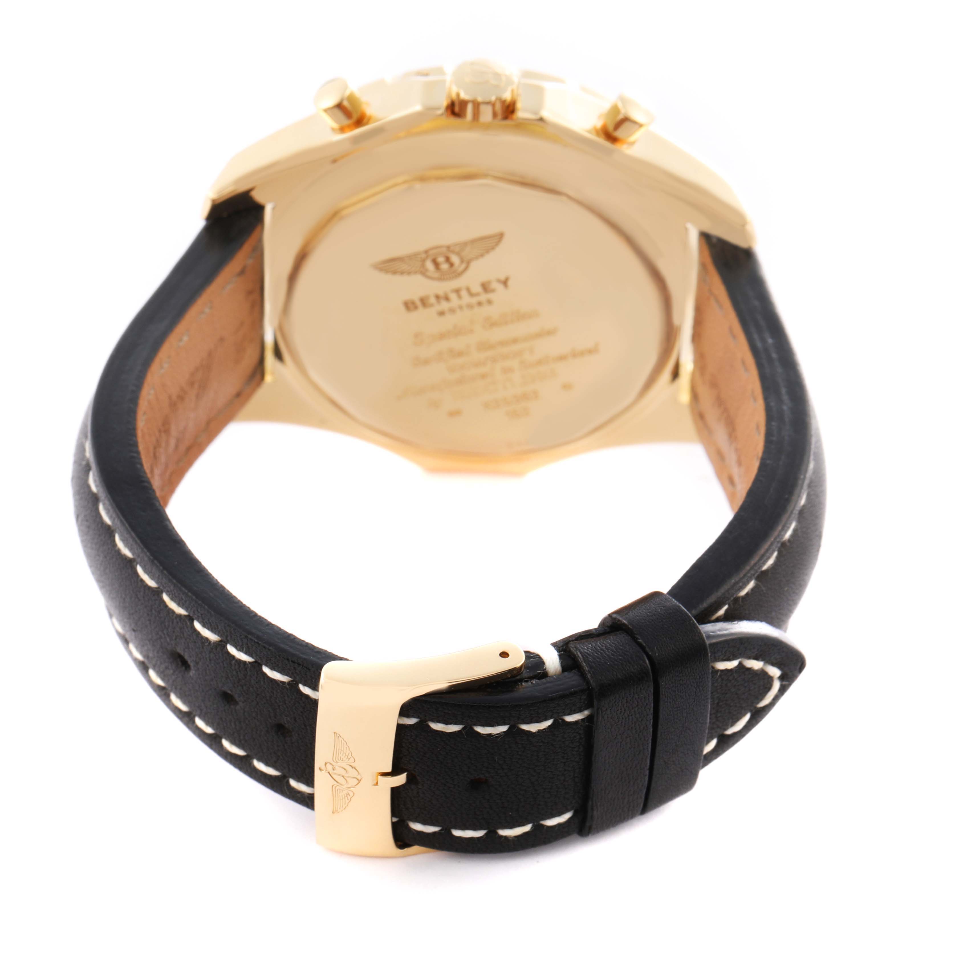 The Breitling Bentley K25362 Men's Yellow Gold White Dial K25362 Men's Yellow Gold White Dial watch is shown from the back, highlighting the case back, strap, and clasp.