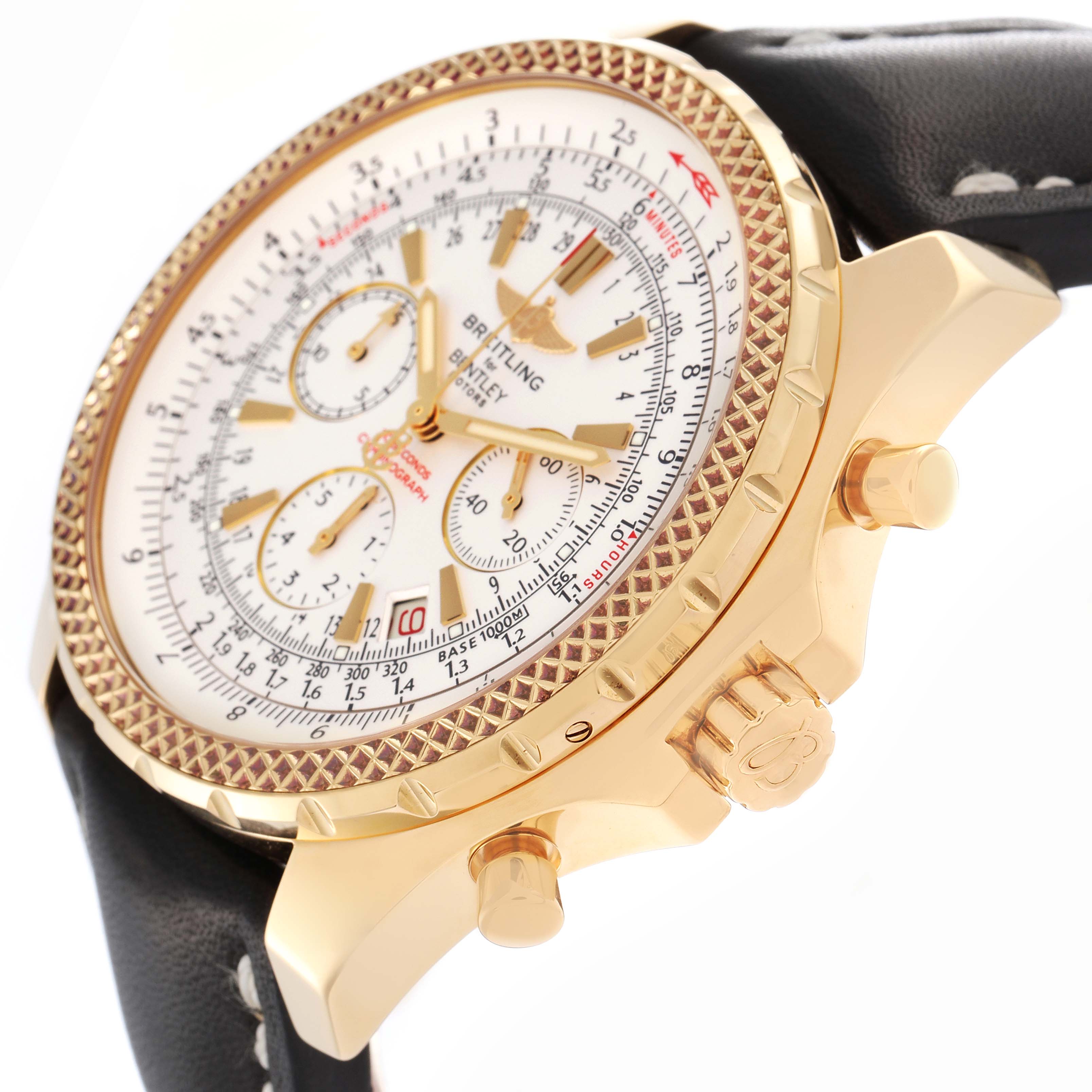 The Bentley model by Breitling is shown at an angle displaying the face, crown, bezel, and part of the leather strap.