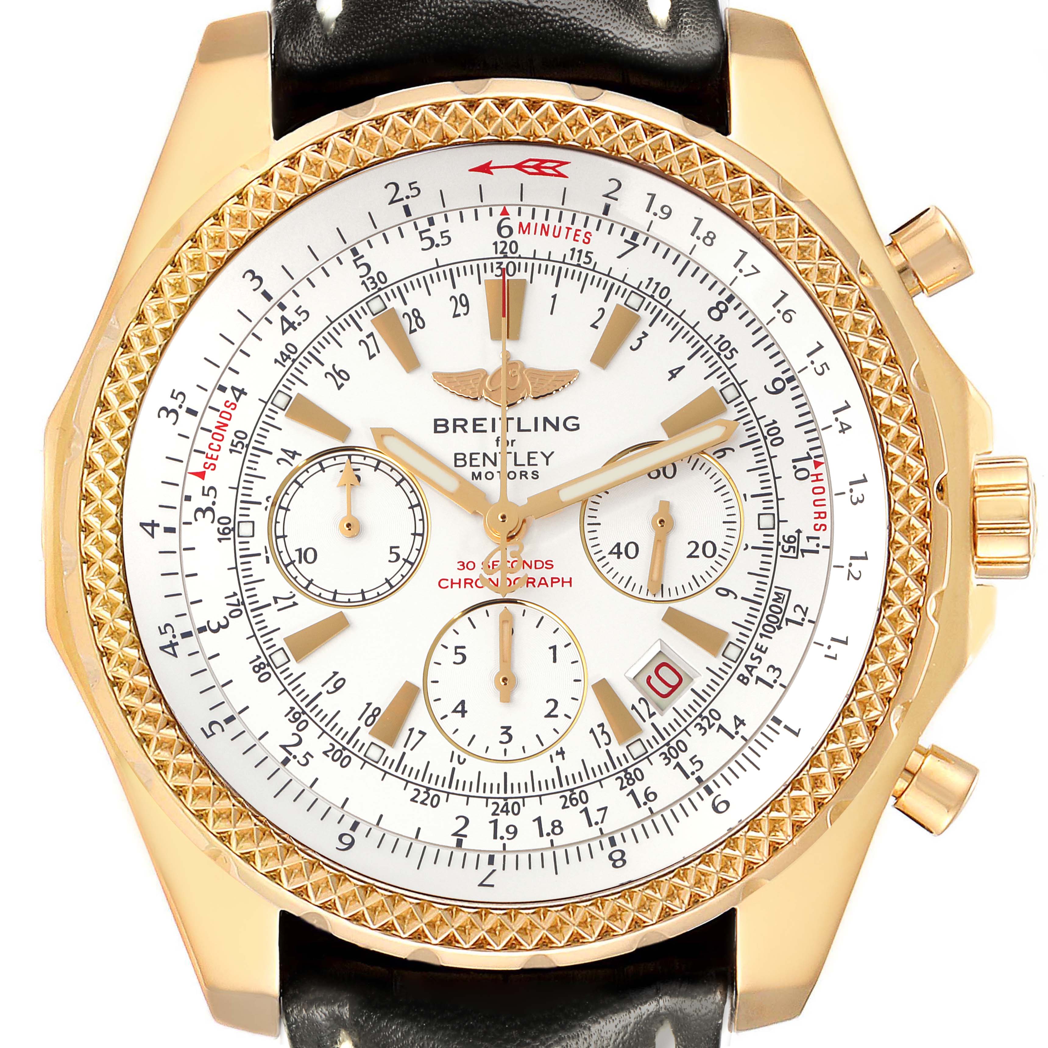 The image shows a front view of the Breitling Bentley K25362 Men's Yellow Gold White Dial K25362 Men's Yellow Gold White Dial watch, highlighting the dial, bezel, subdials, and leather strap.
