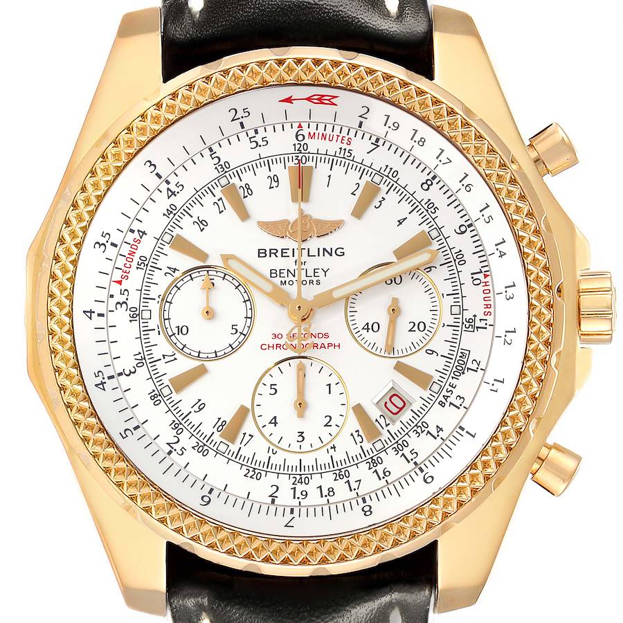 The image shows a front view of the Breitling Bentley watch, highlighting the dial, bezel, subdials, and leather strap.