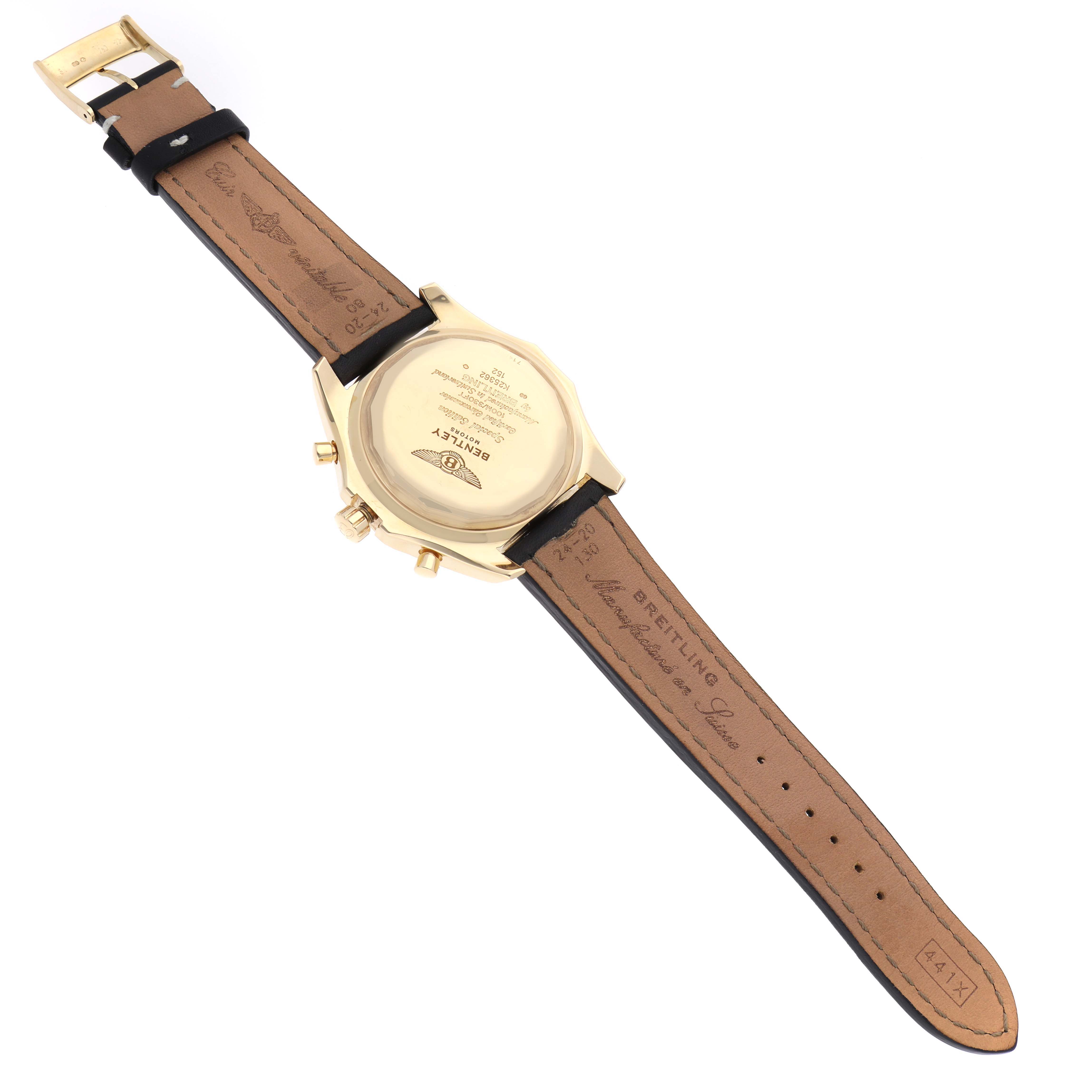 The Breitling Bentley K25362 Men's Yellow Gold White Dial K25362 Men's Yellow Gold White Dial watch is shown from the back, featuring the case back, strap, and clasp.