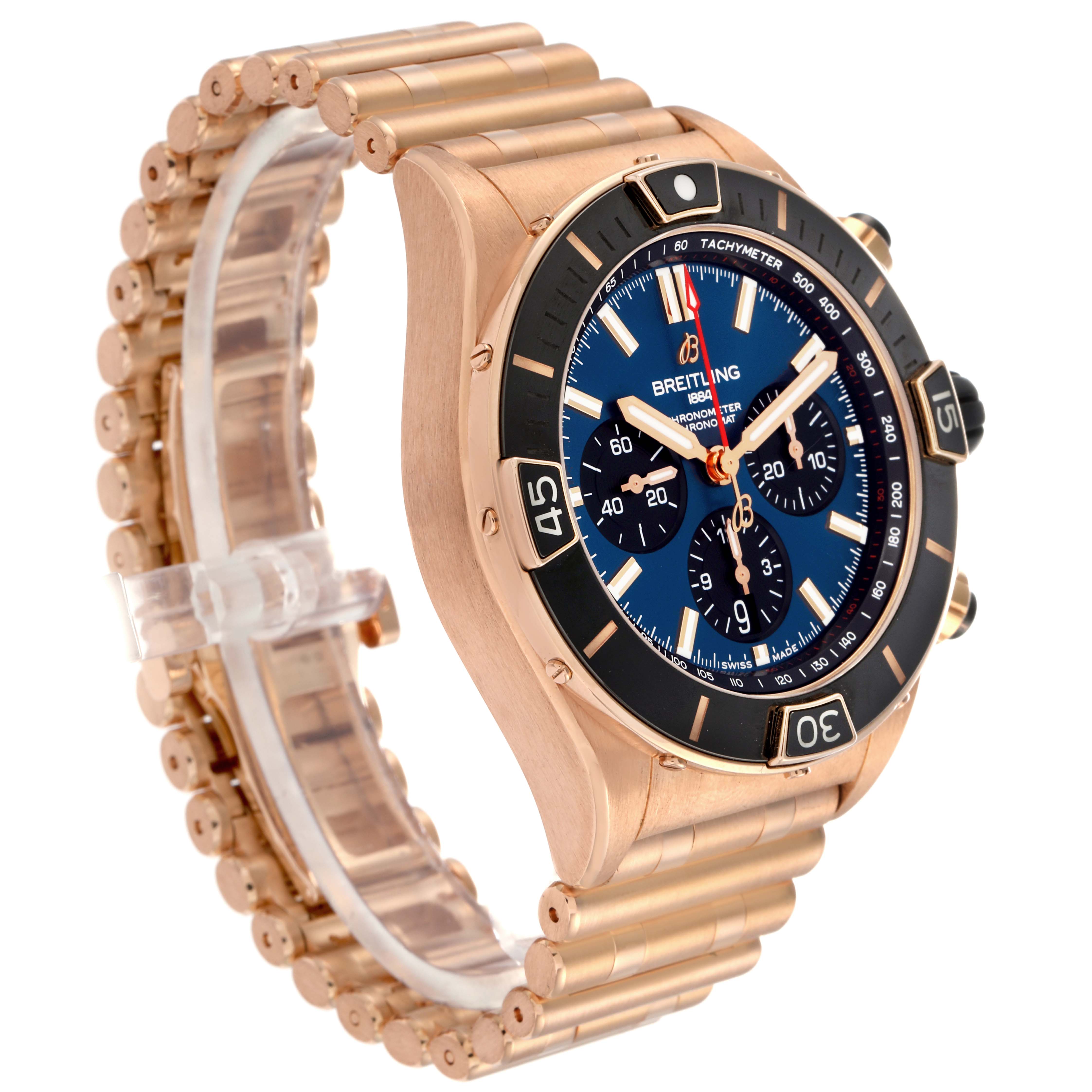 The Breitling Chronomat RB0136 Men's Rose Gold Blue Dial RB0136 Men's Rose Gold Blue Dial watch is shown at a three-quarter angle, displaying the face, bezel, and metal bracelet.