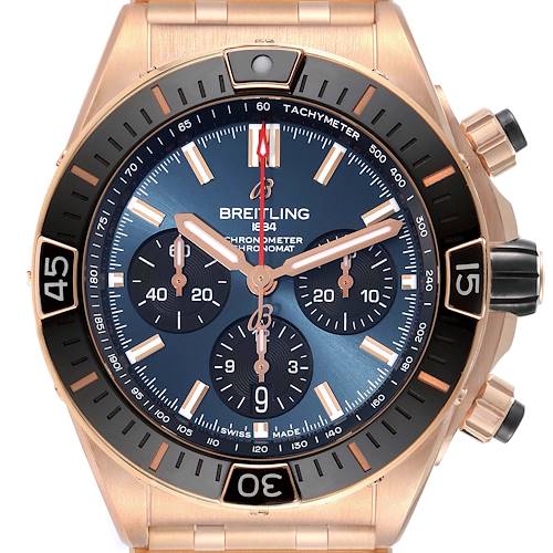 The Breitling Chronomat watch is shown from a front angle, displaying its face, subdials, bezel, and crown.