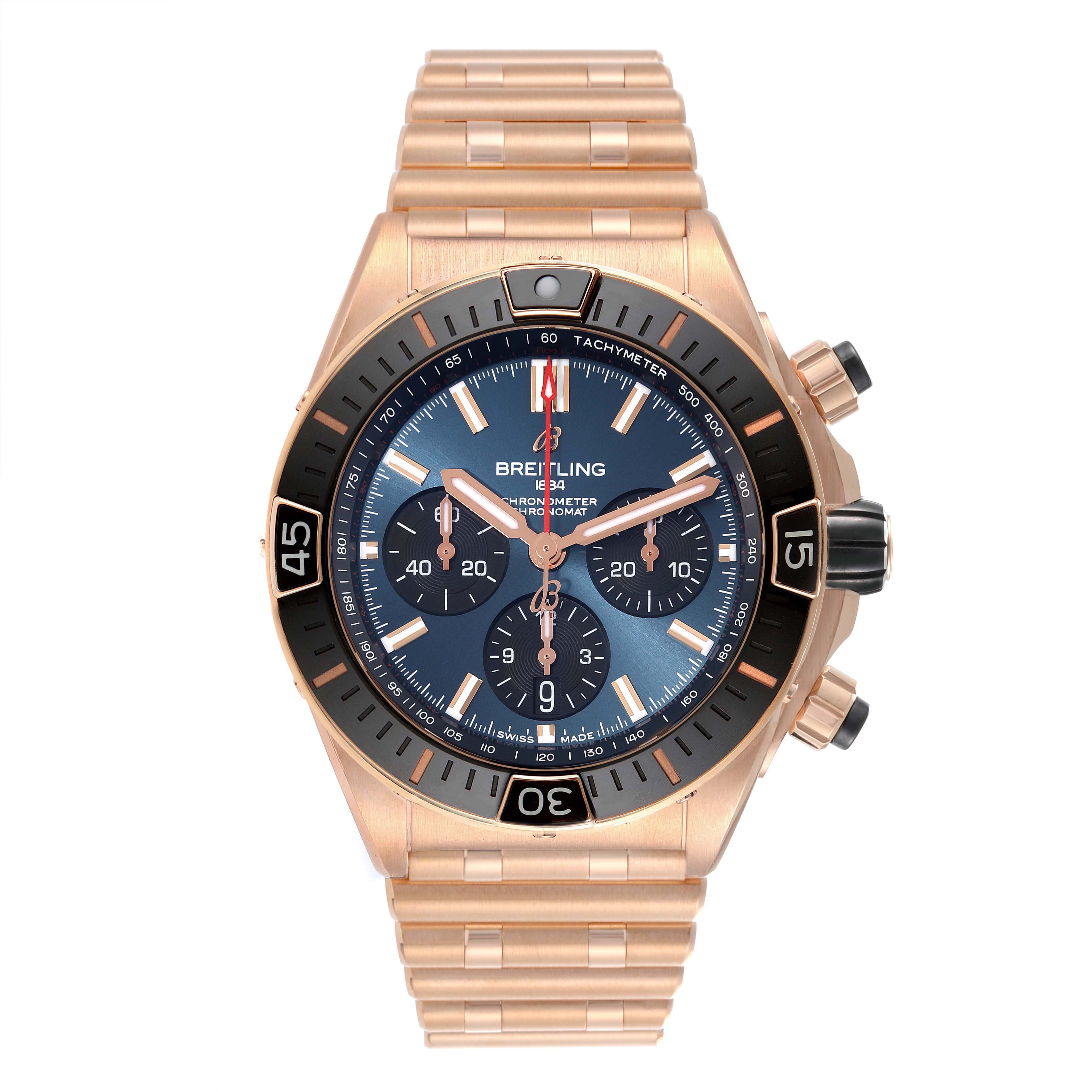 The Breitling Chronomat RB0136 Men's Rose Gold Blue Dial RB0136 Men's Rose Gold Blue Dial watch is shown from a front angle, highlighting its dial, bezel, and bracelet.