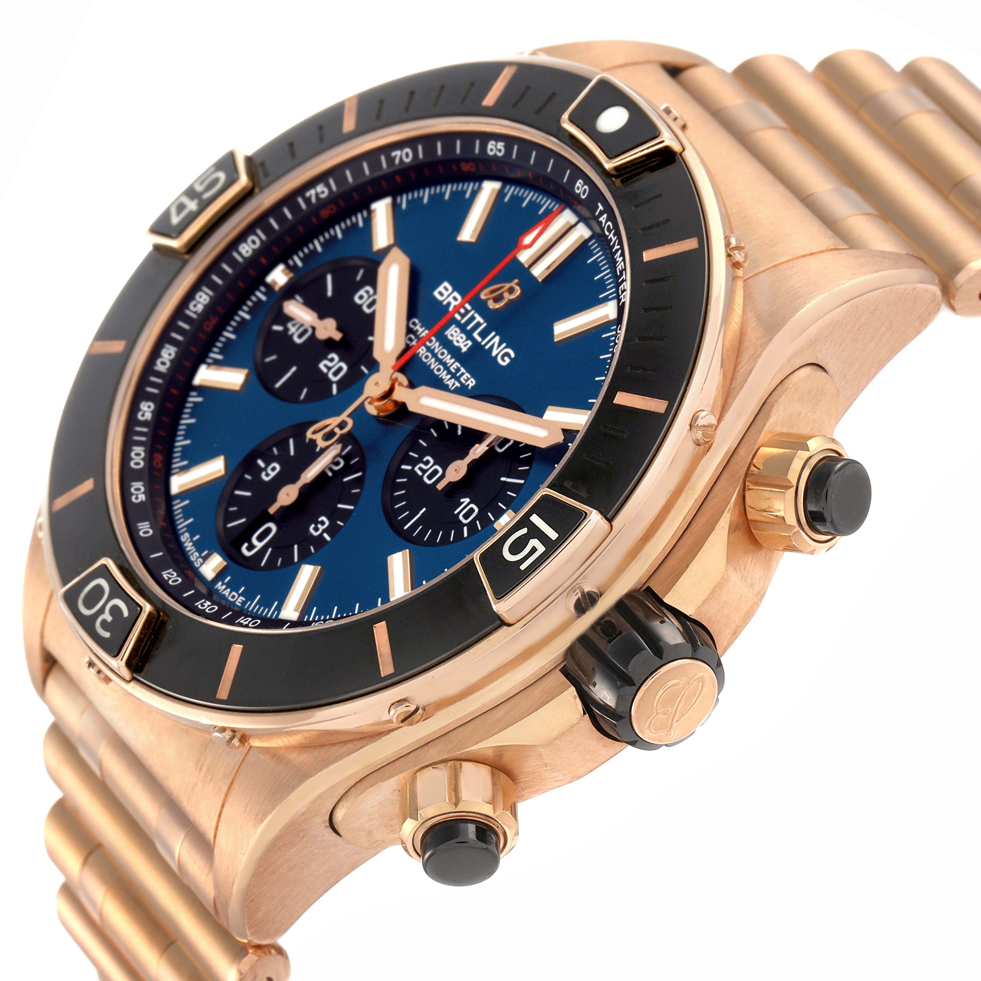 The Breitling Chronomat RB0136 Men's Rose Gold Blue Dial RB0136 Men's Rose Gold Blue Dial watch is shown in a three-quarter view, highlighting its dial, bezel, crown, and pushers.