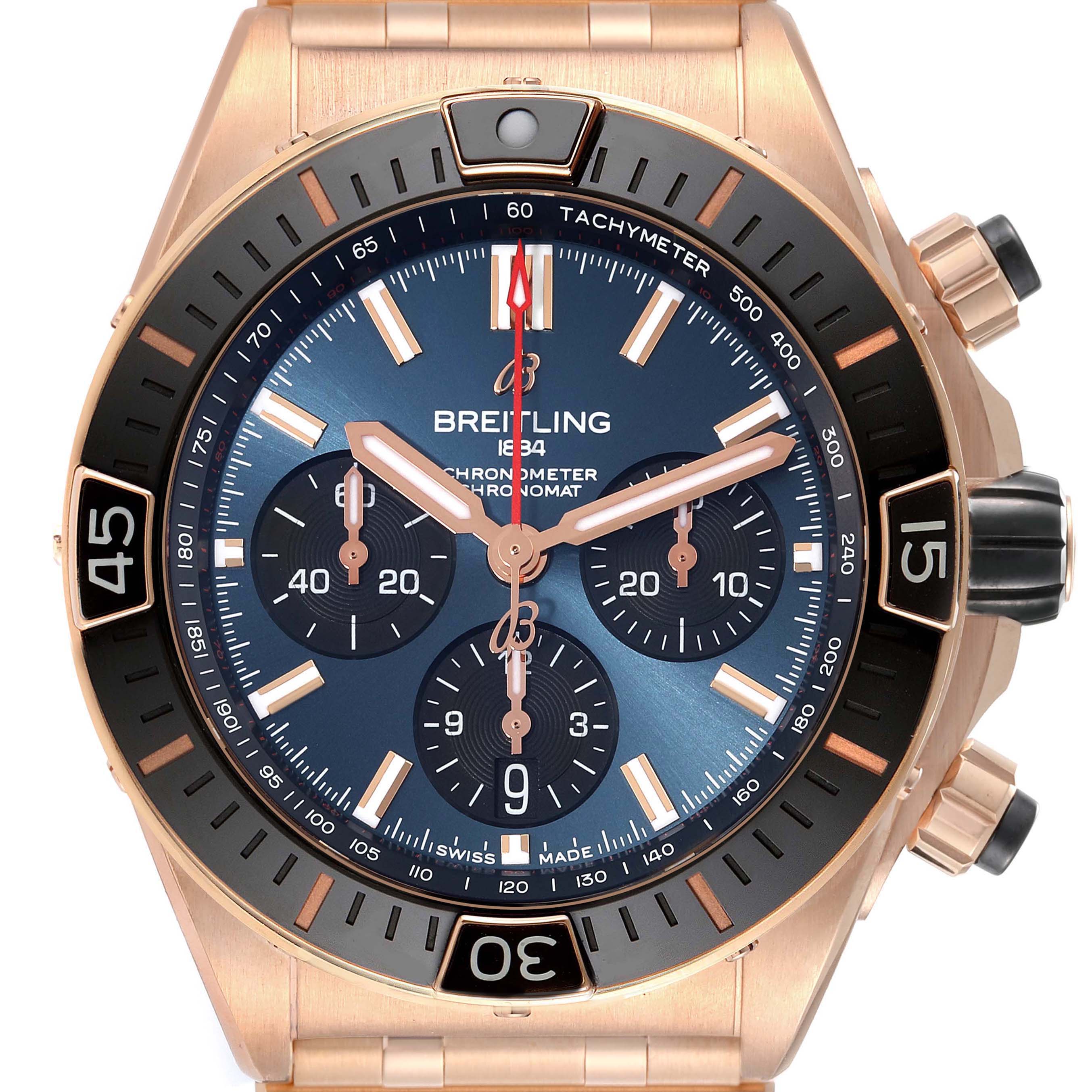 The Breitling Chronomat RB0136 Men's Rose Gold Blue Dial RB0136 Men's Rose Gold Blue Dial watch is shown from the front, displaying its face, subdials, and crown features.