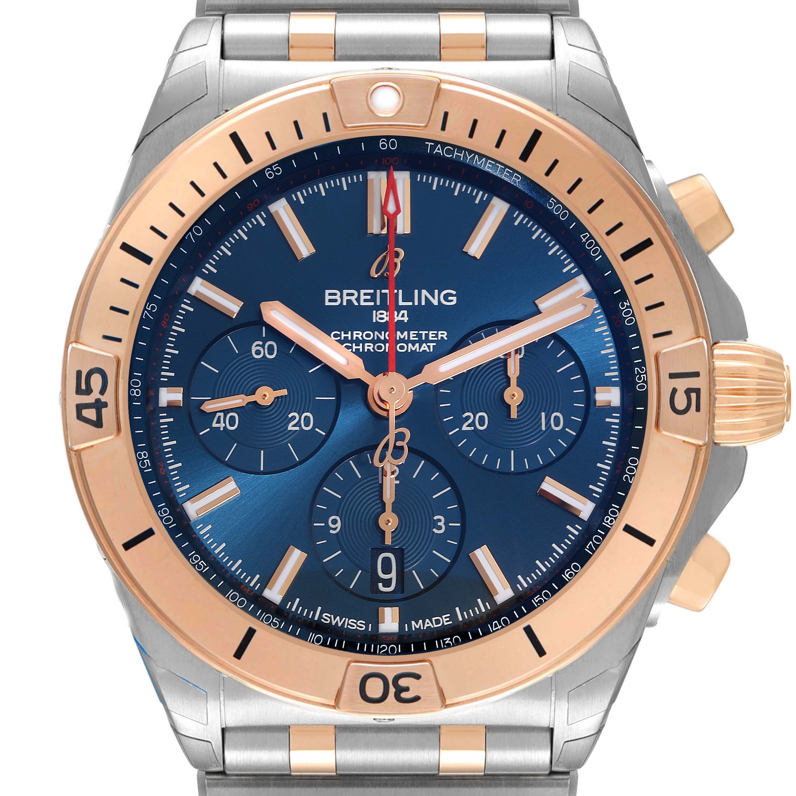 The image shows a Breitling Chronomat UB0134101C1U1 Men's Steel and Gold (two tone) Blue Dial UB0134101C1U1 Men's Steel and Gold (two tone) Blue Dial watch from a front angle, highlighting its blue dial, rose gold bezel, and chronograph subdials.