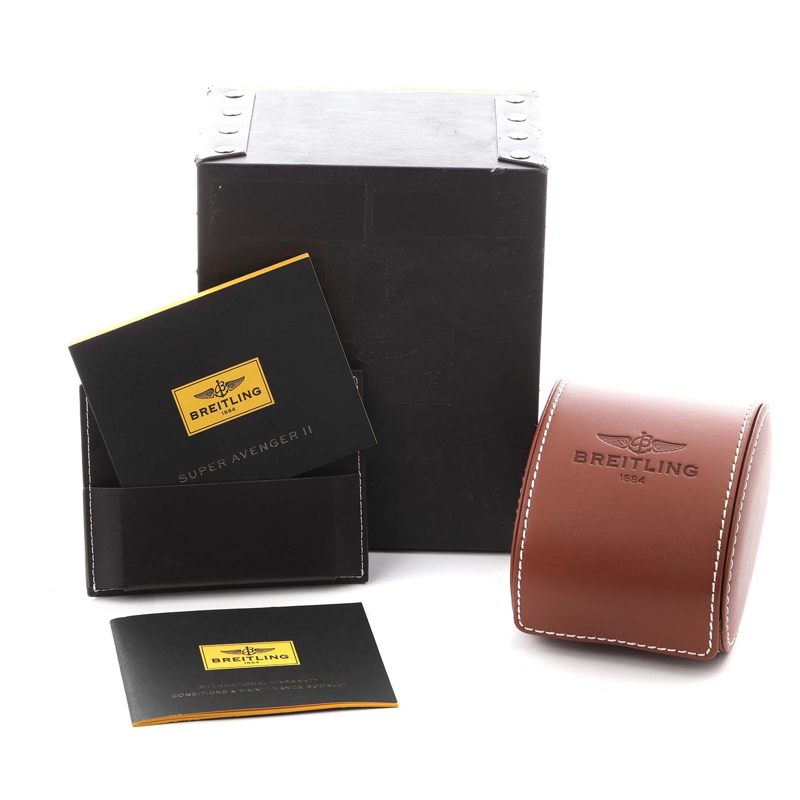 The image shows the Breitling Chronomat UB0134101C1U1 Men's Steel and Gold (two tone) Blue Dial UB0134101C1U1 Men's Steel and Gold (two tone) Blue Dial packaging, including a black box, a leather case, and manuals.