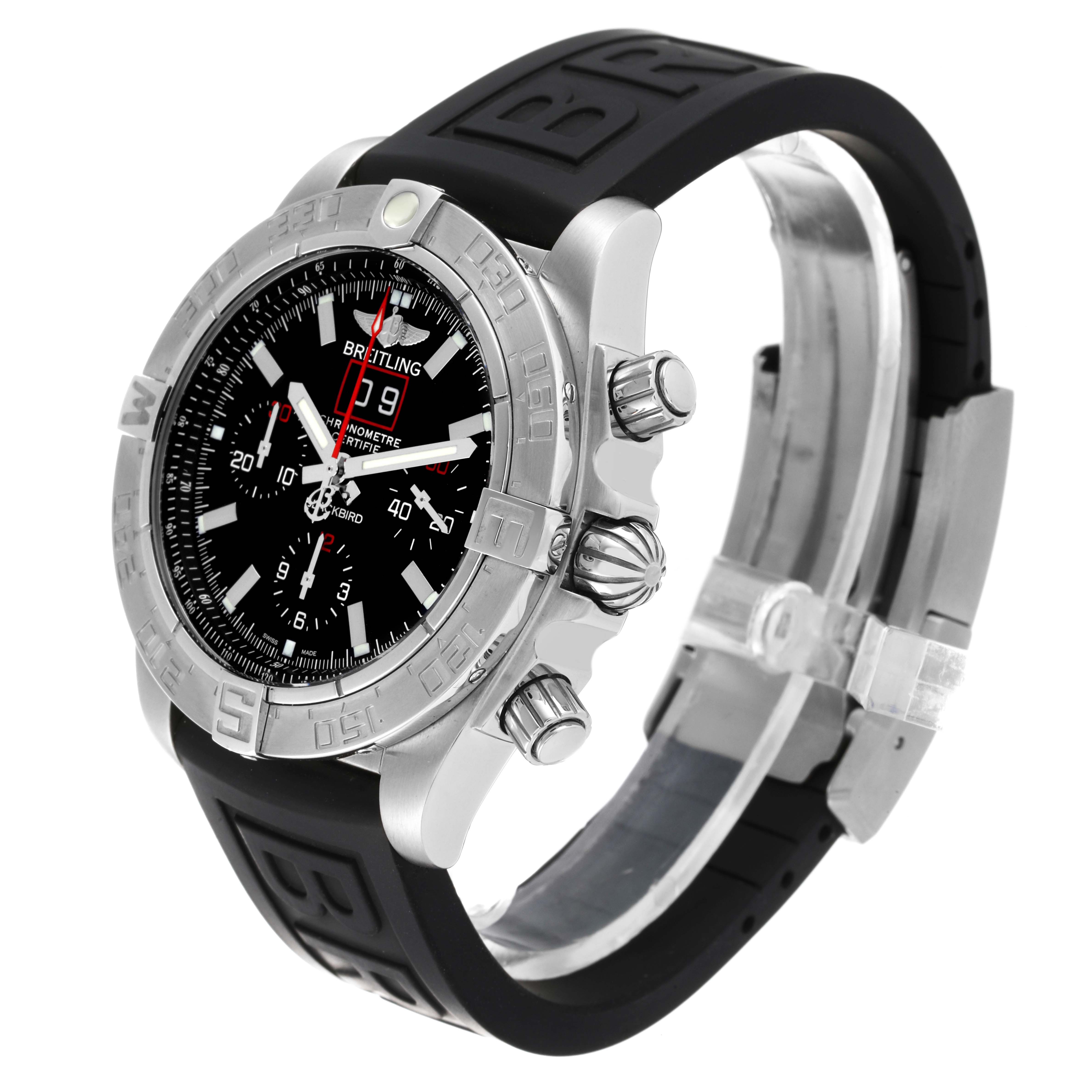 This image shows a front-side angle of the Breitling Chronomat A44360 Men's Stainless Steel Black Dial A44360 Men's Stainless Steel Black Dial watch, highlighting its black dial, bezel, crown, pushers, and rubber strap.