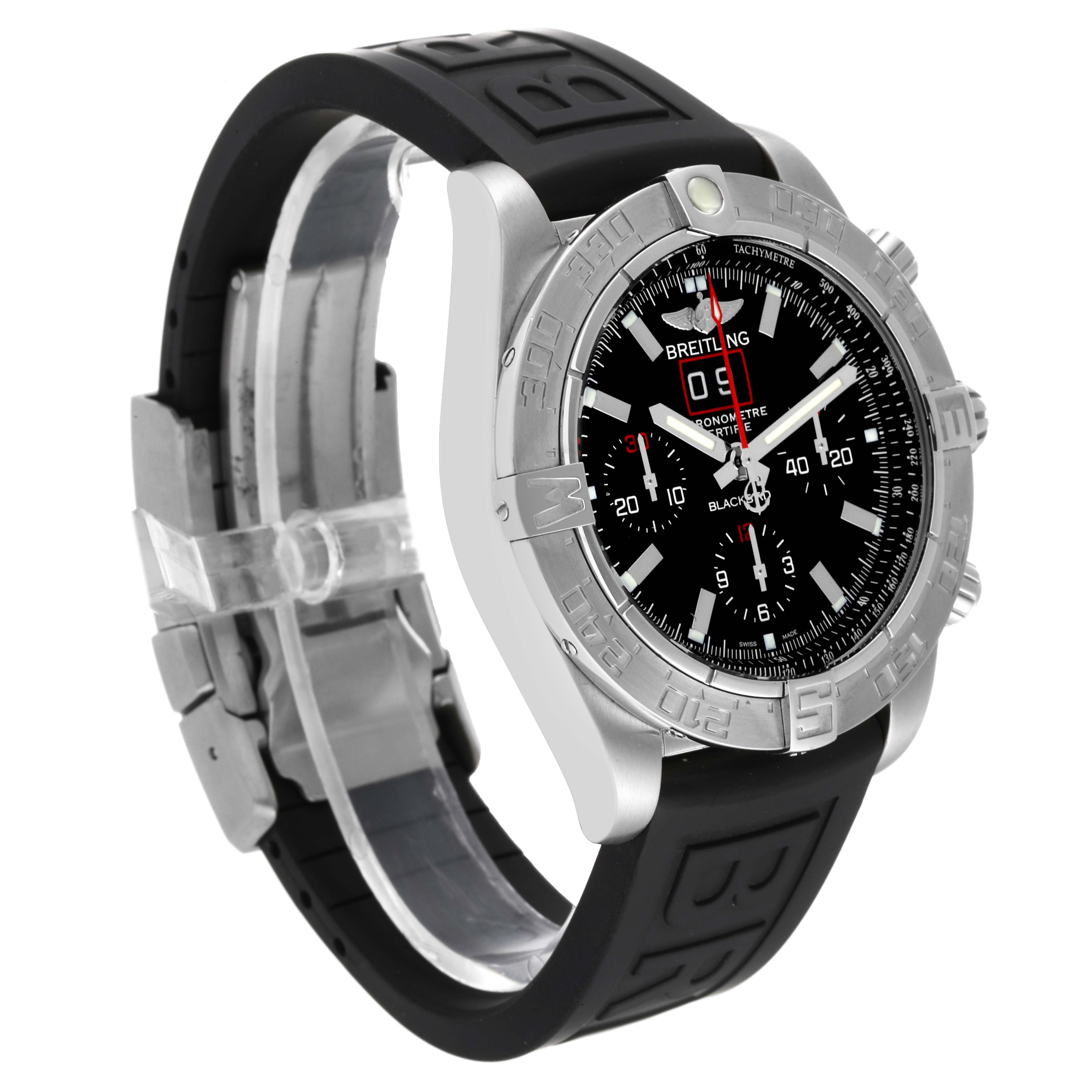 The Breitling Chronomat A44360 Men's Stainless Steel Black Dial A44360 Men's Stainless Steel Black Dial watch is shown from a front-side angle, highlighting its bezel, dial, and strap.