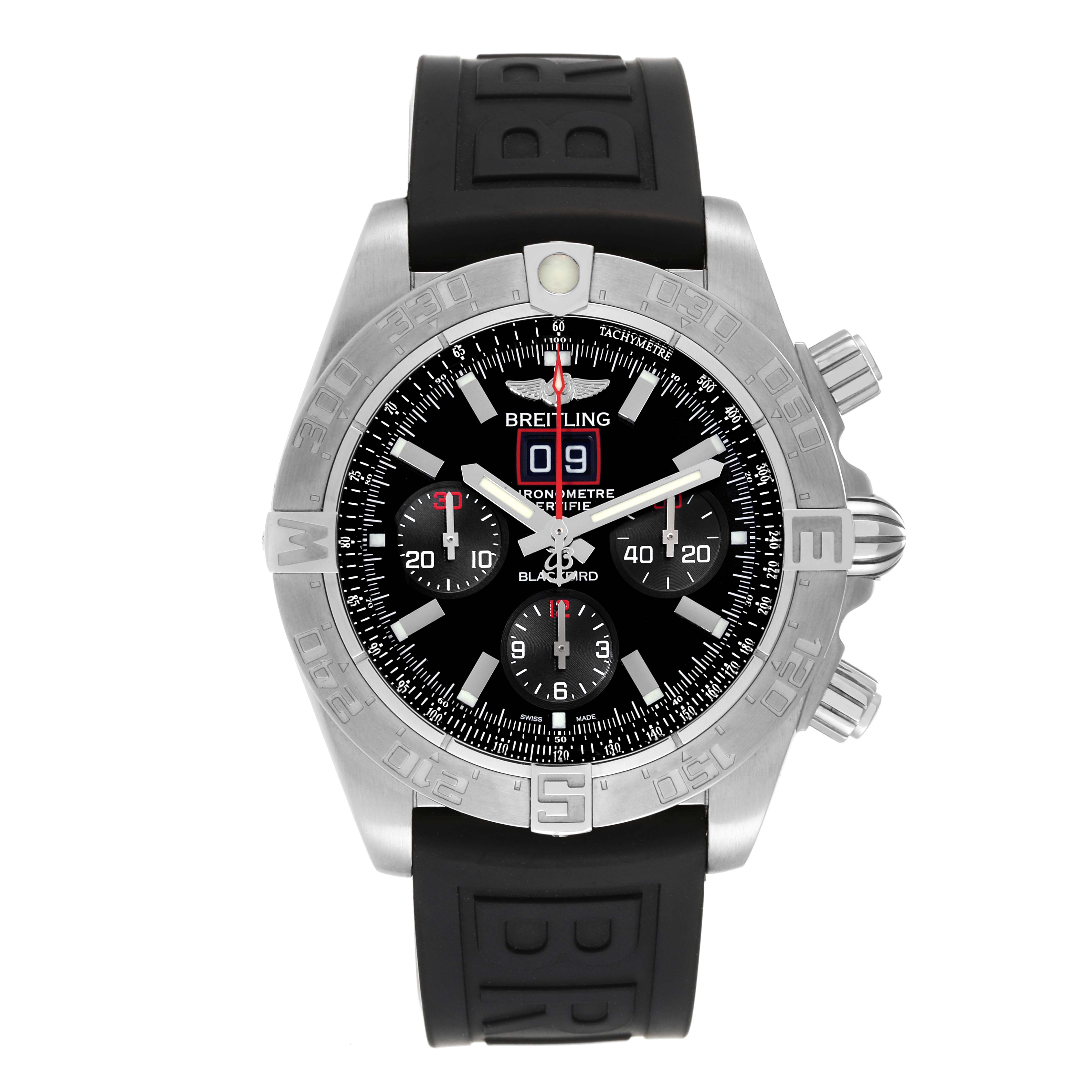 The image shows a front view of a Breitling Chronomat A44360 Men's Stainless Steel Black Dial A44360 Men's Stainless Steel Black Dial watch with a black dial and a black rubber strap.