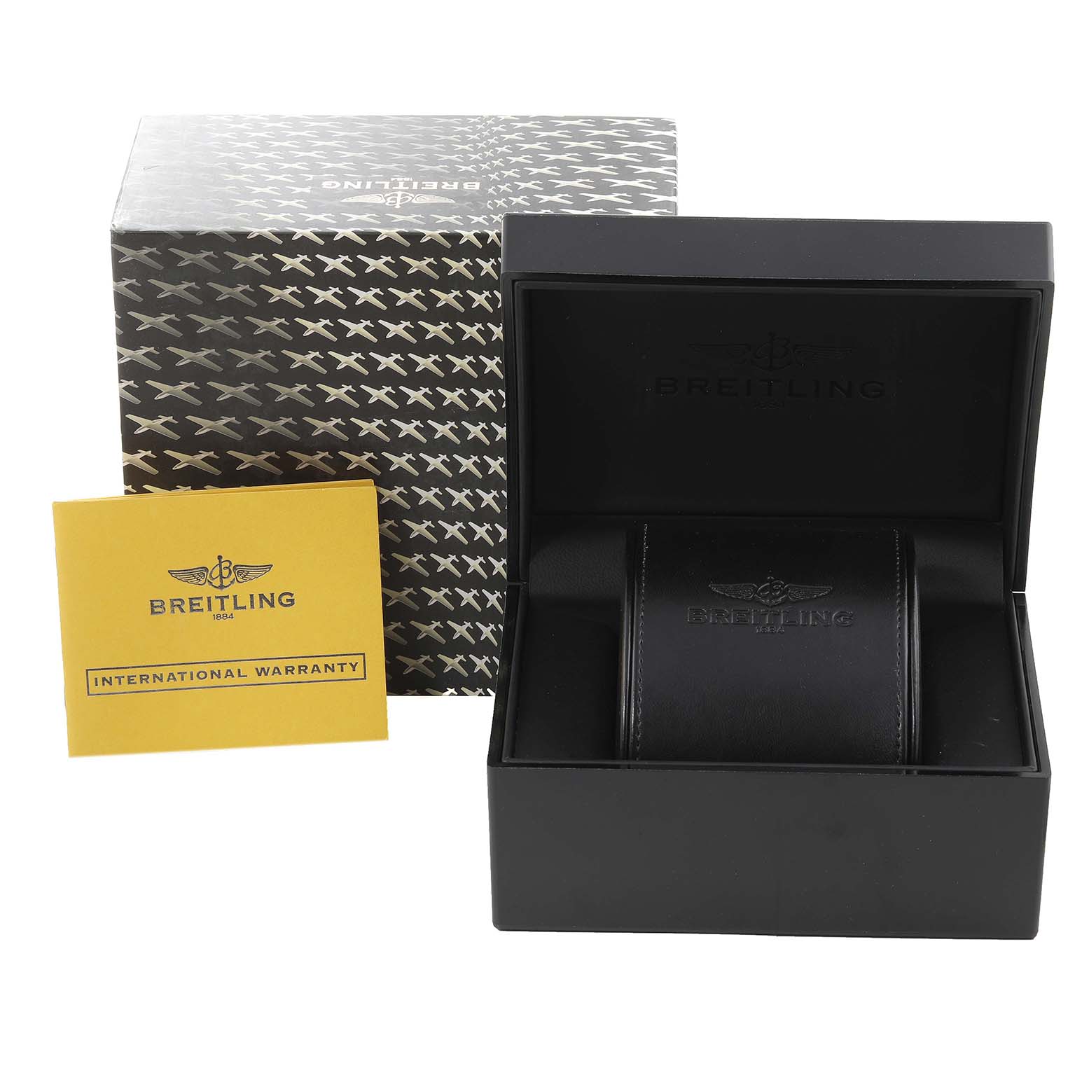 The image shows the packaging, a black box, and an international warranty card for the Breitling Chronomat A44360 Men's Stainless Steel Black Dial A44360 Men's Stainless Steel Black Dial watch.